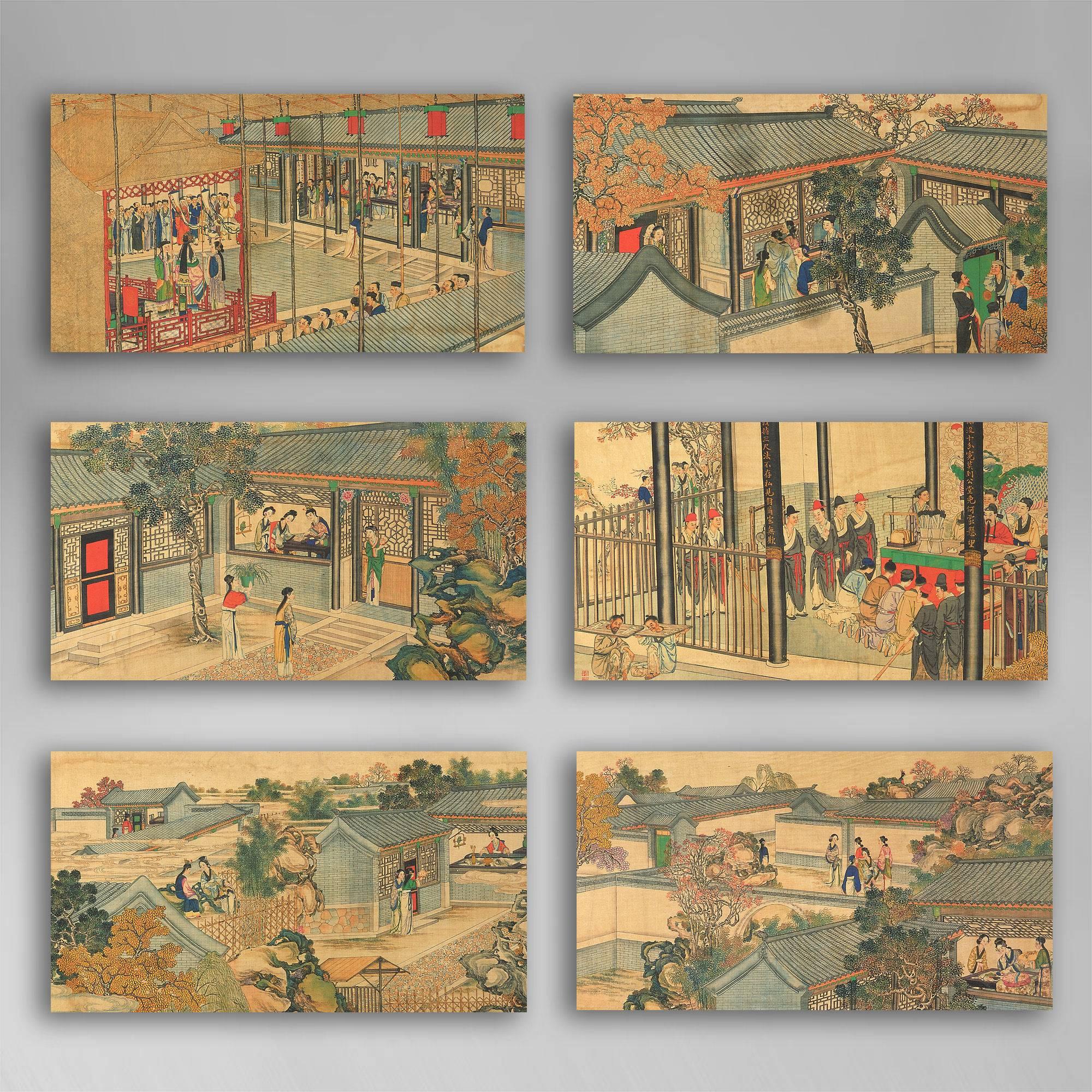Chinese 19th Century 24 Ink and Watercolor Landscapes Depicting Scenes of Court Life