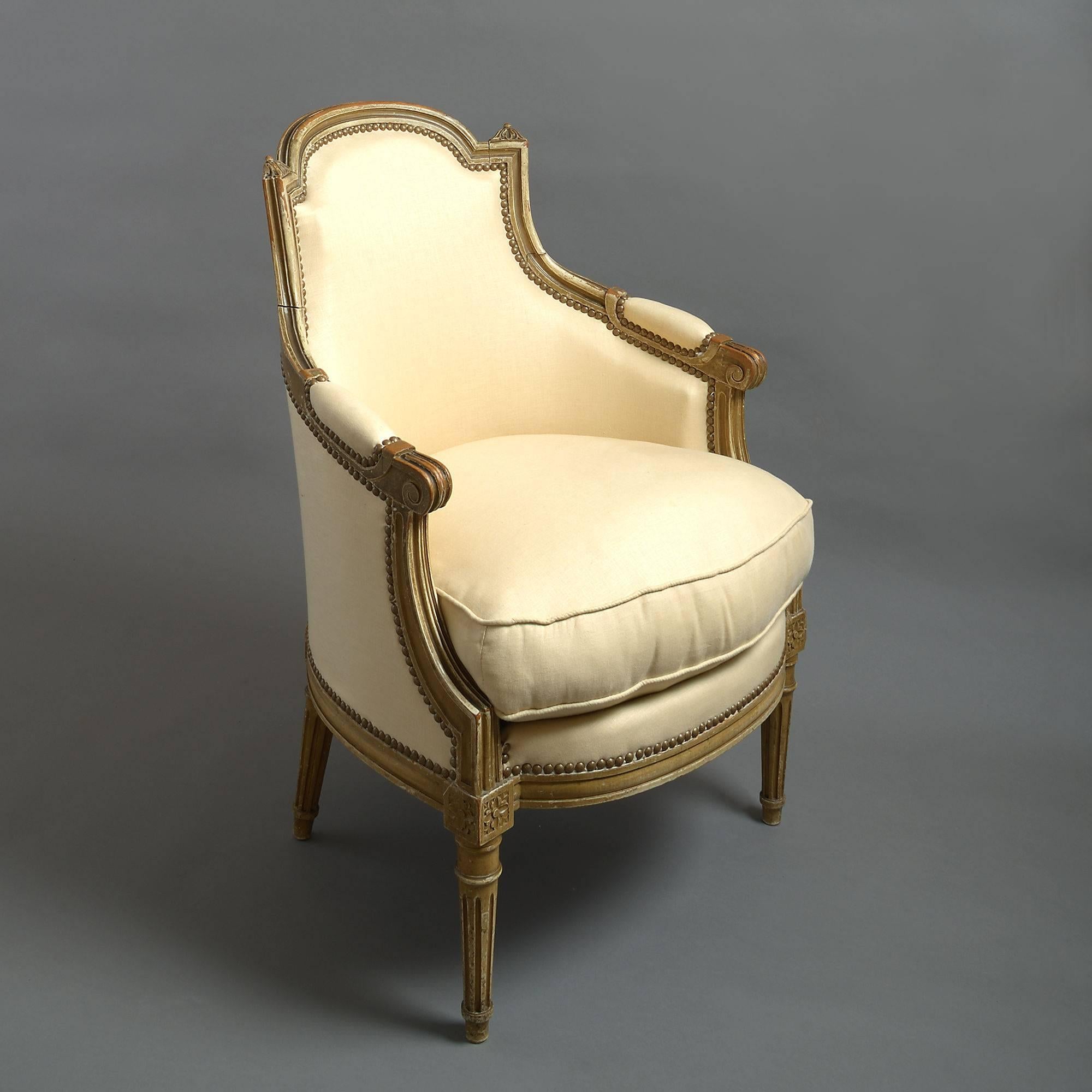 French 19th Century Pair of Painted Louis XVI Style Bergere Armchairs