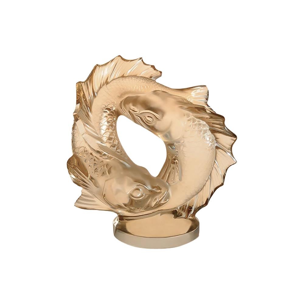 For Sale: Gold (Gold Luster) Medium Double Fish Sculpture in Crystal Glass by Lalique