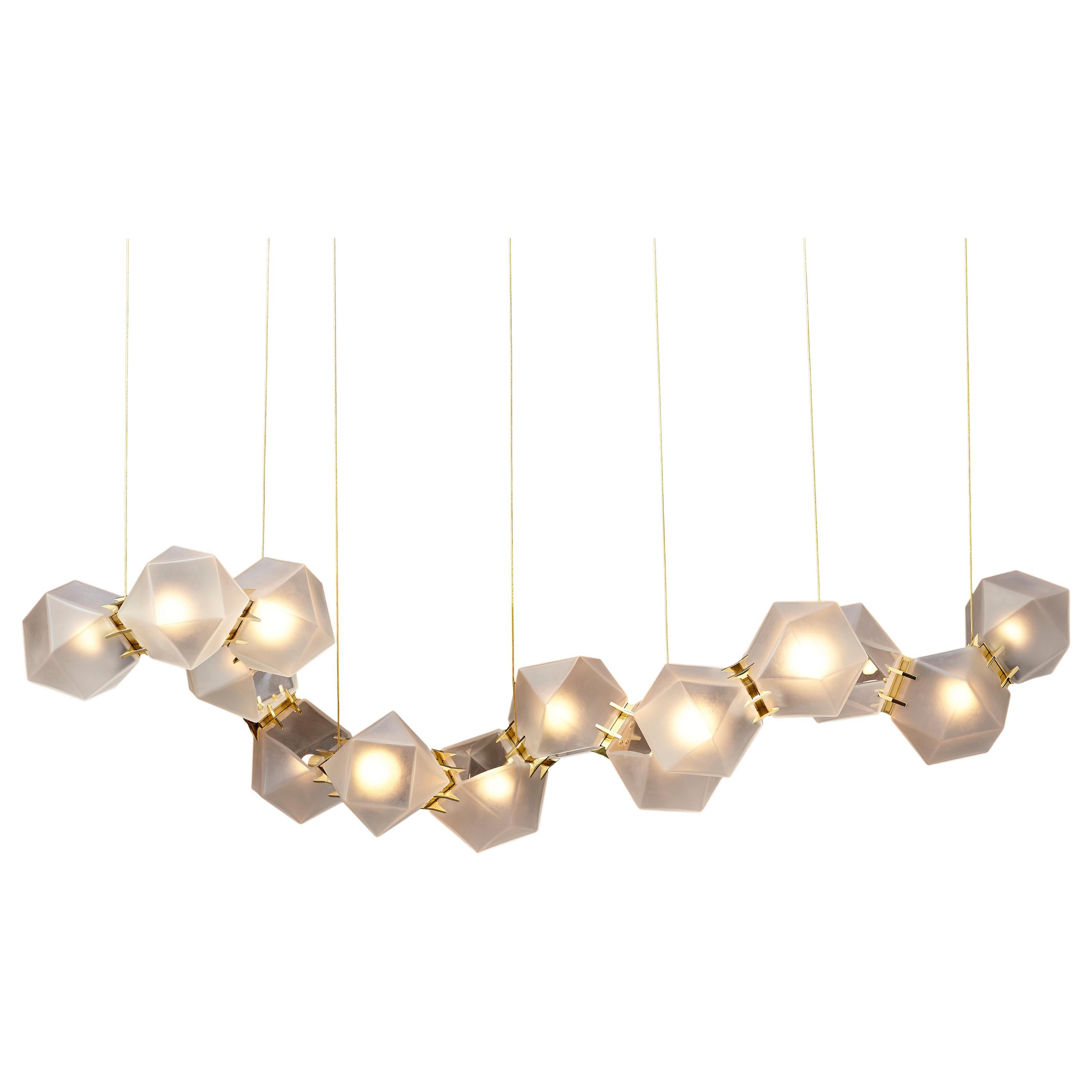 Gold (Satin Brass) Welles Glass Long Chandelier 14 in Alabaster White Glass by Gabriel Scott