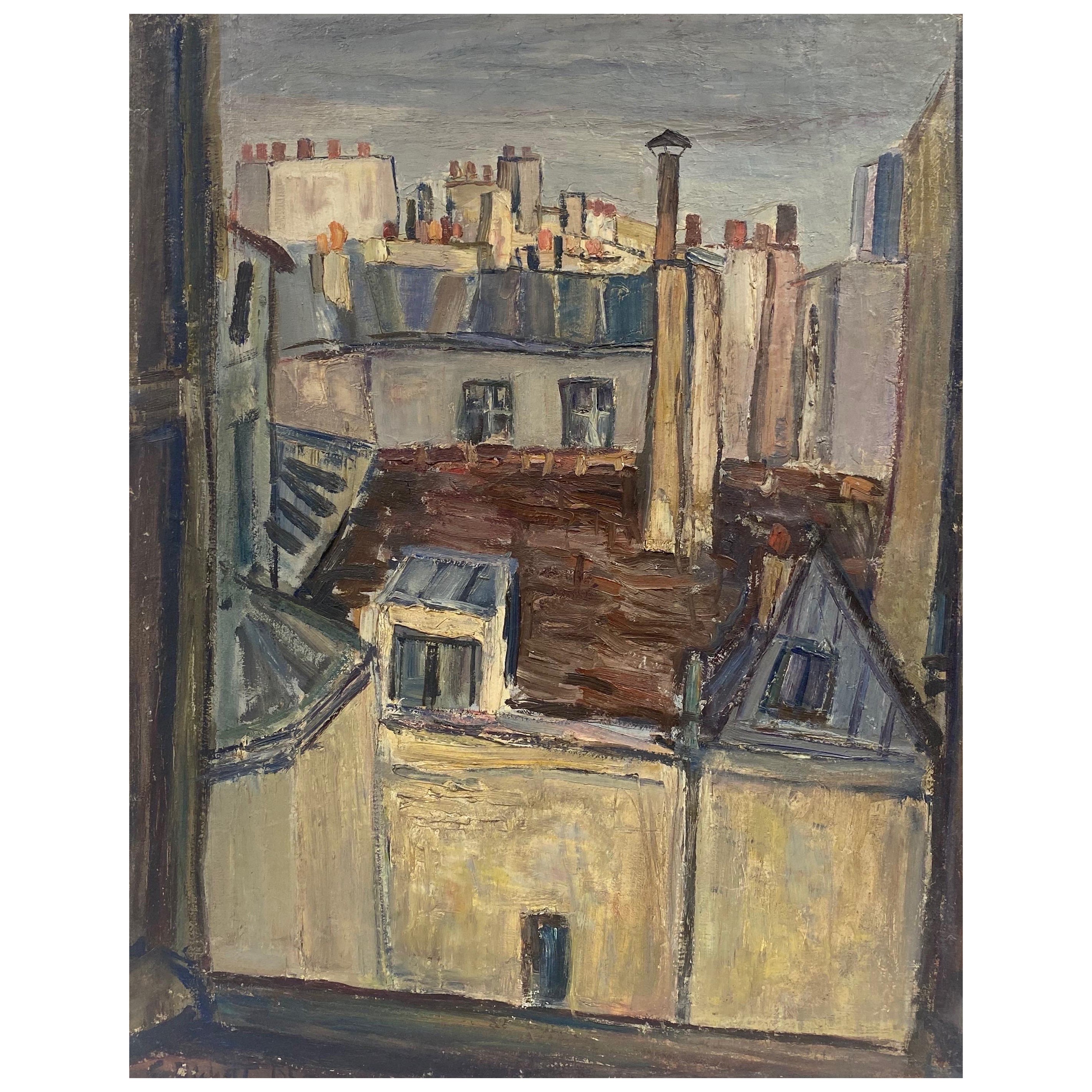 Édouard Righetti (1924-2001) Landscape Painting - Rue Jacob Paris Rooftops 1950 Superb Original French Post-Impressionist Oil 