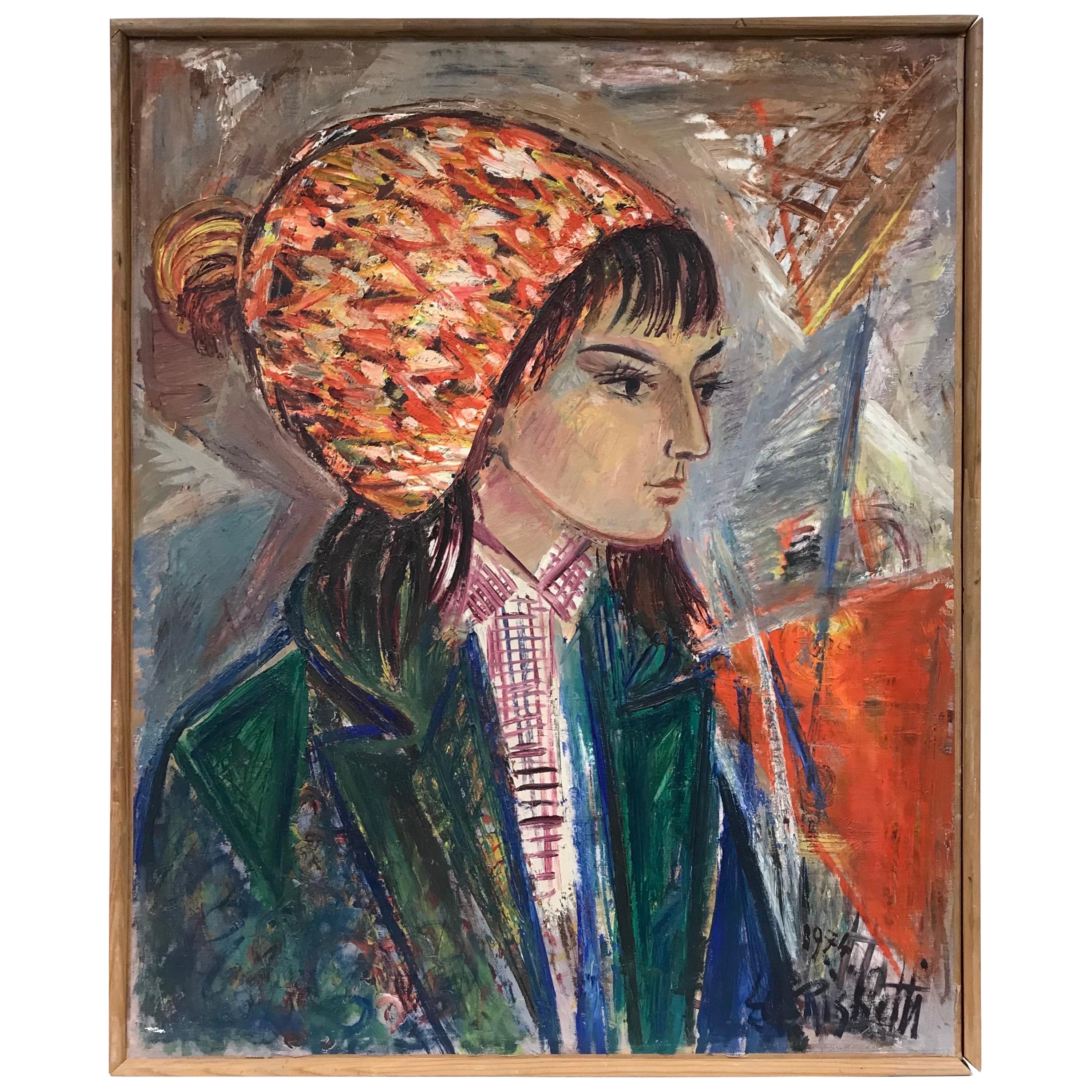 Stylish French Portrait Trendy Young Lady French 1970's Post-Impressionist Oil