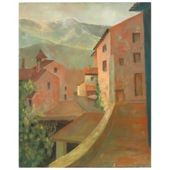 Magnifique peinture à l'huile moderne française de style « Village provençal rustique », couleurs terre cuite