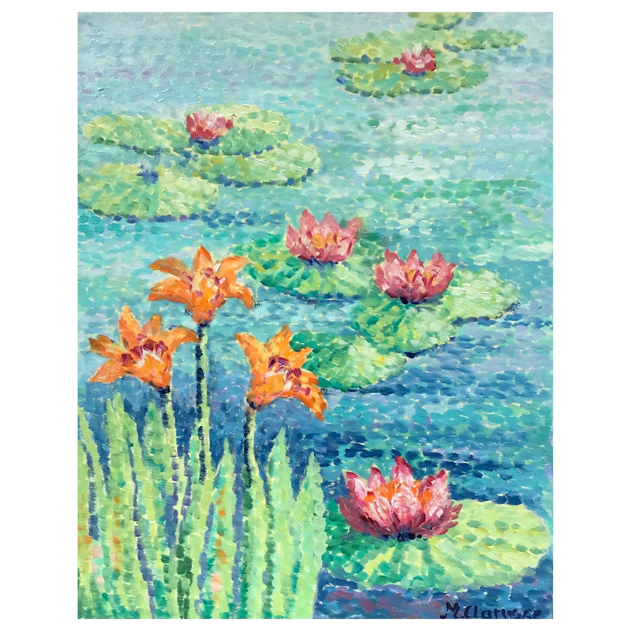 Maggy Clarysse Landscape Painting - Waterlily Pond Bright & Colorful Pointillist Oil Painting