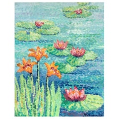 Waterlily Pond Bright & Colorful Pointillist Oil Painting
