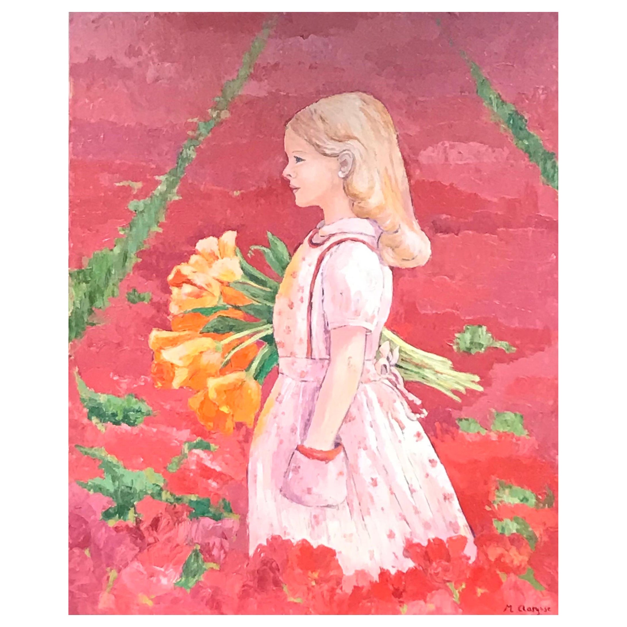 Huge Bright & Colorful French Impressionist Oil Painting Girl in Flower Meadow