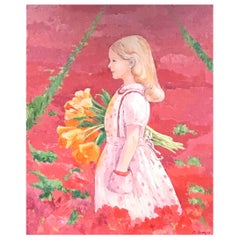 Grande peinture à l'huile impressionniste française lumineuse et colorée Fille dans un pré fleuri