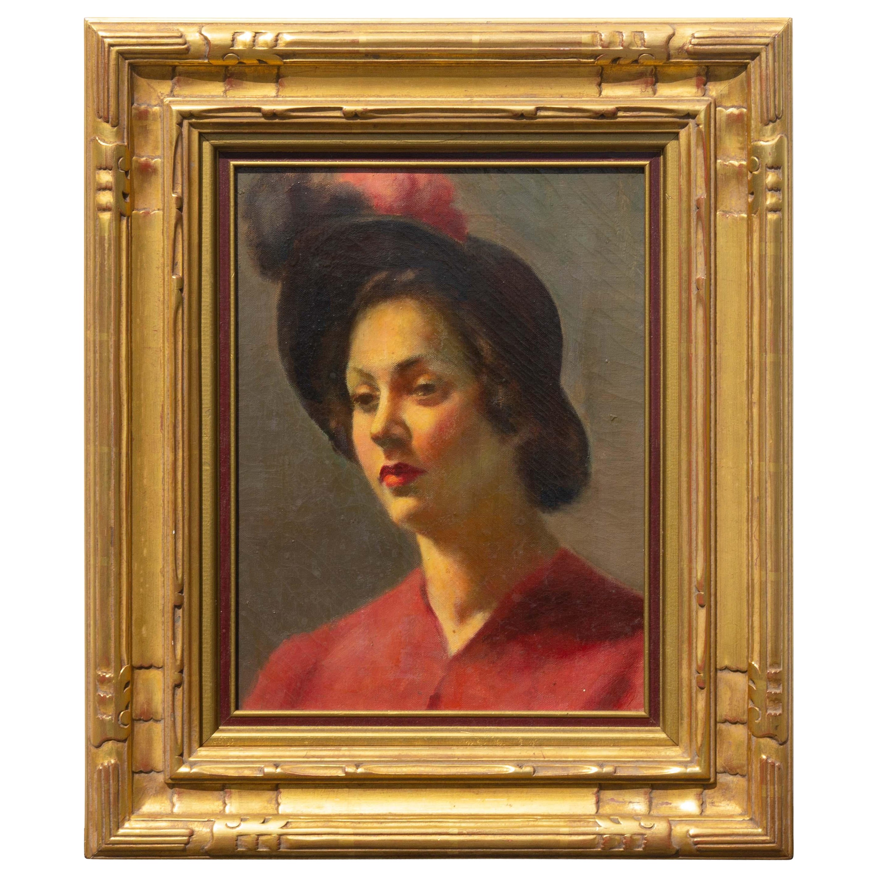 Unknown Portrait Painting - "Lady in Red" Framed Oil Portrait Circa 1950
