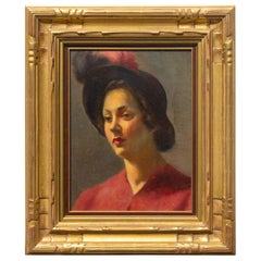 "Lady in Red" Framed Oil Portrait Circa 1950