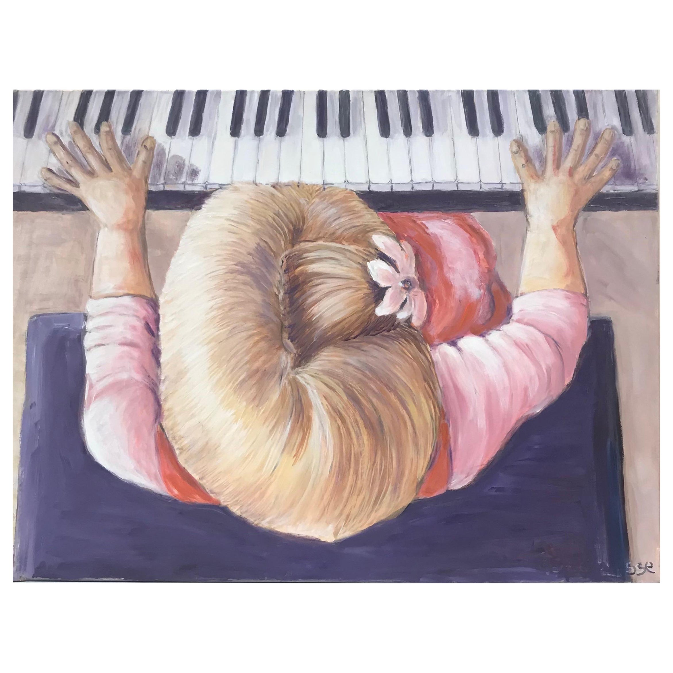 Maggy Clarysse Portrait Painting – Großes Ölgemälde „ Lady in Pink spielt Klavier“ auf Leinwand