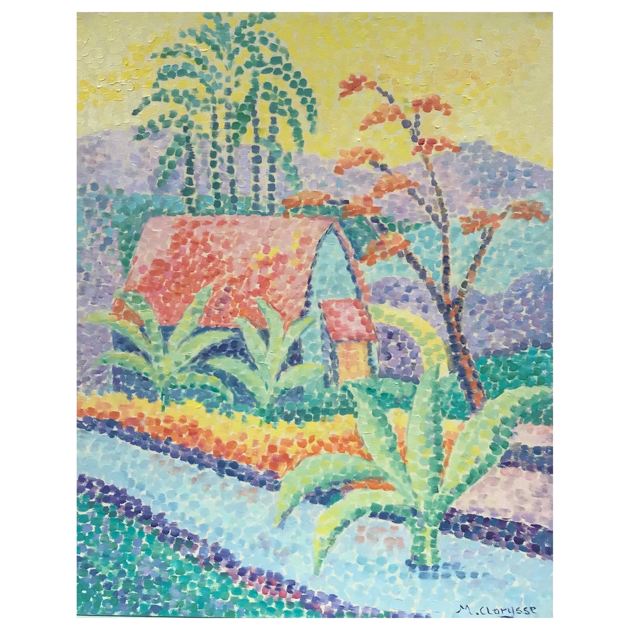 Landscape Painting Maggy Clarysse - Peinture à l'huile originale de style pointilliste - Paysage ensoleillé - Palmiers et maisons