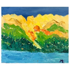 Helles und farbenfrohes französisches impressionistisches Ölgemälde Gelbe Berge über Meer