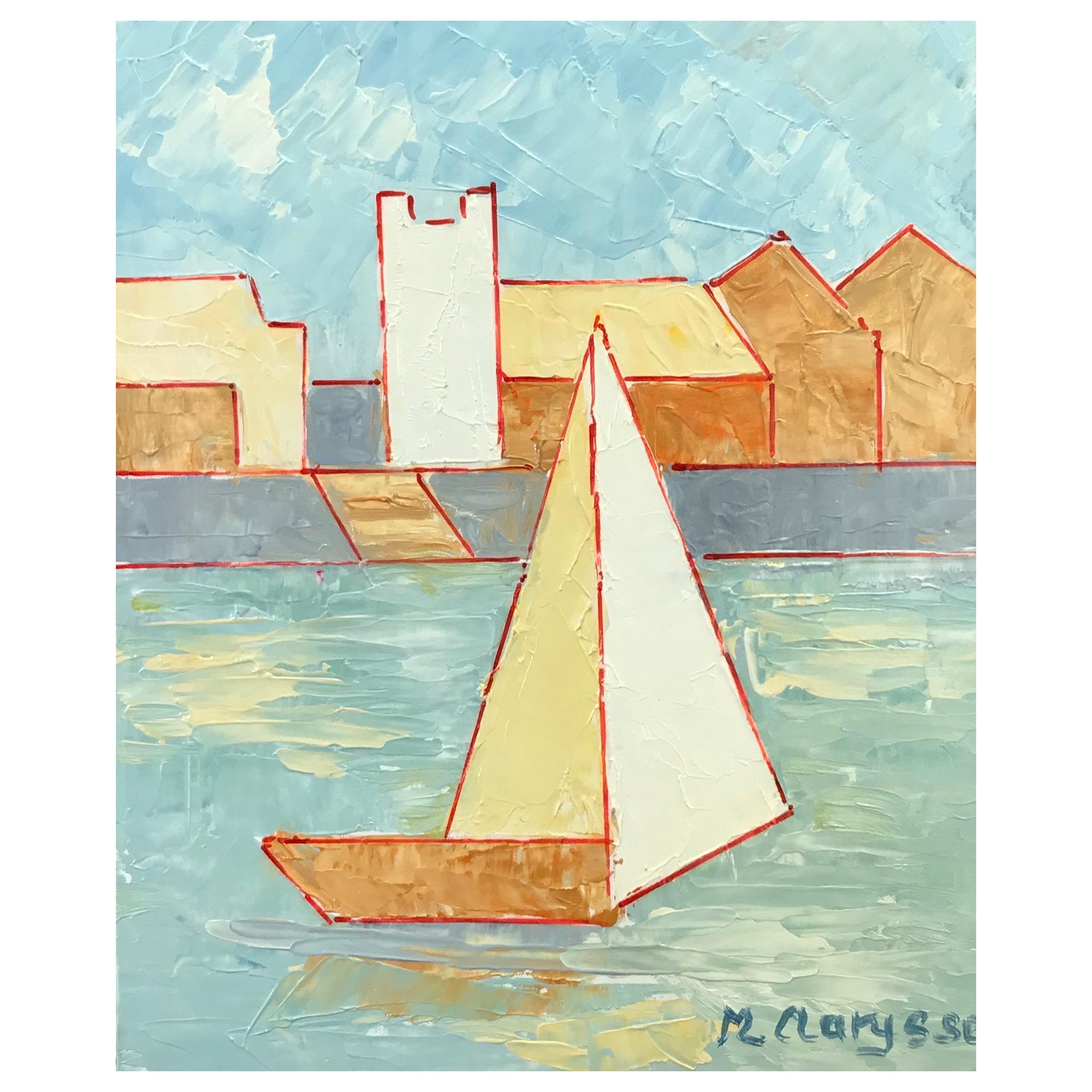 Maggy Clarysse Landscape Painting - Soft Moody Colors Cubist Oil Painting Sailing Boat in Harbor