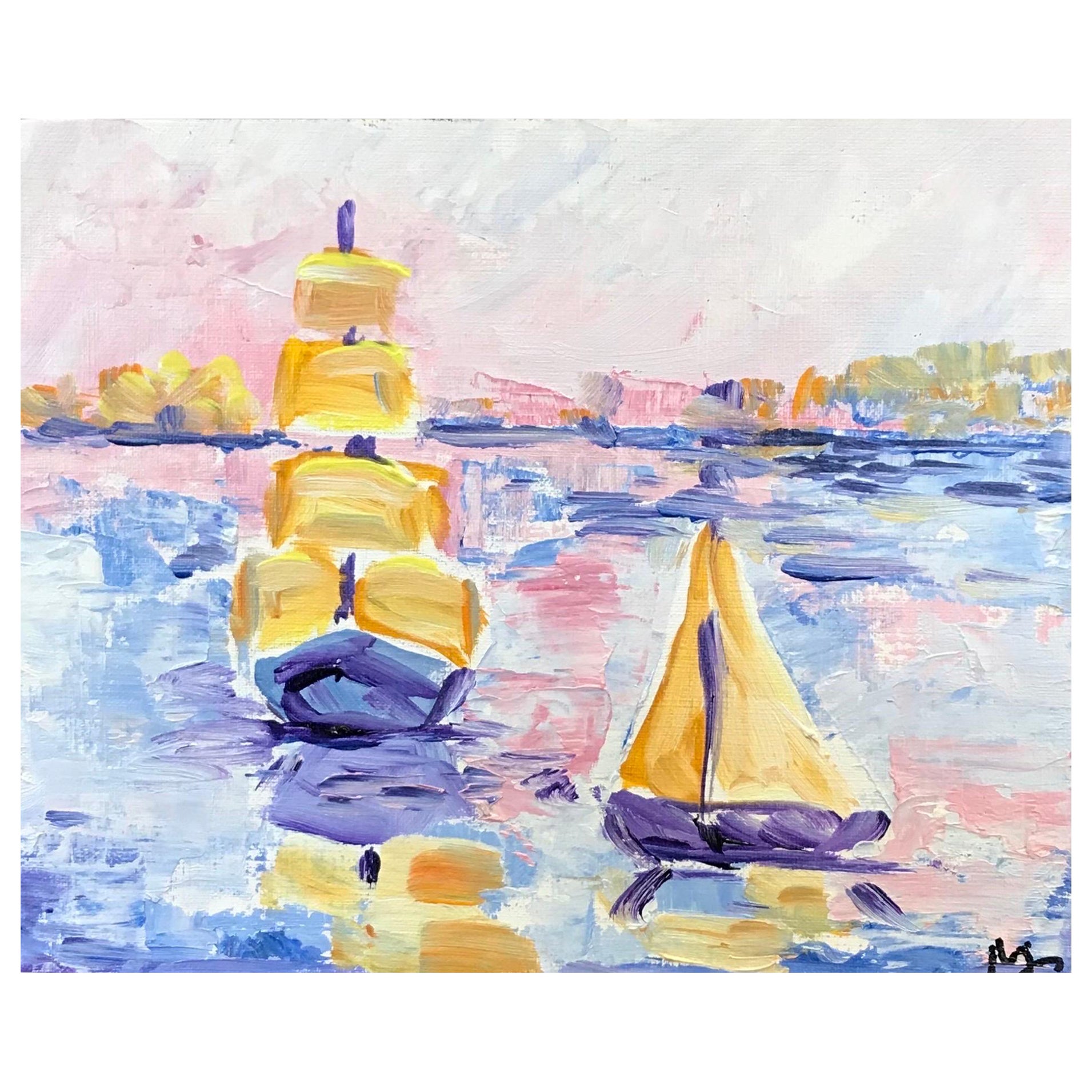 Maggy Clarysse Landscape Painting - Bright & Colorful French Impressionist Oil Painting Pastel Boat Landscape