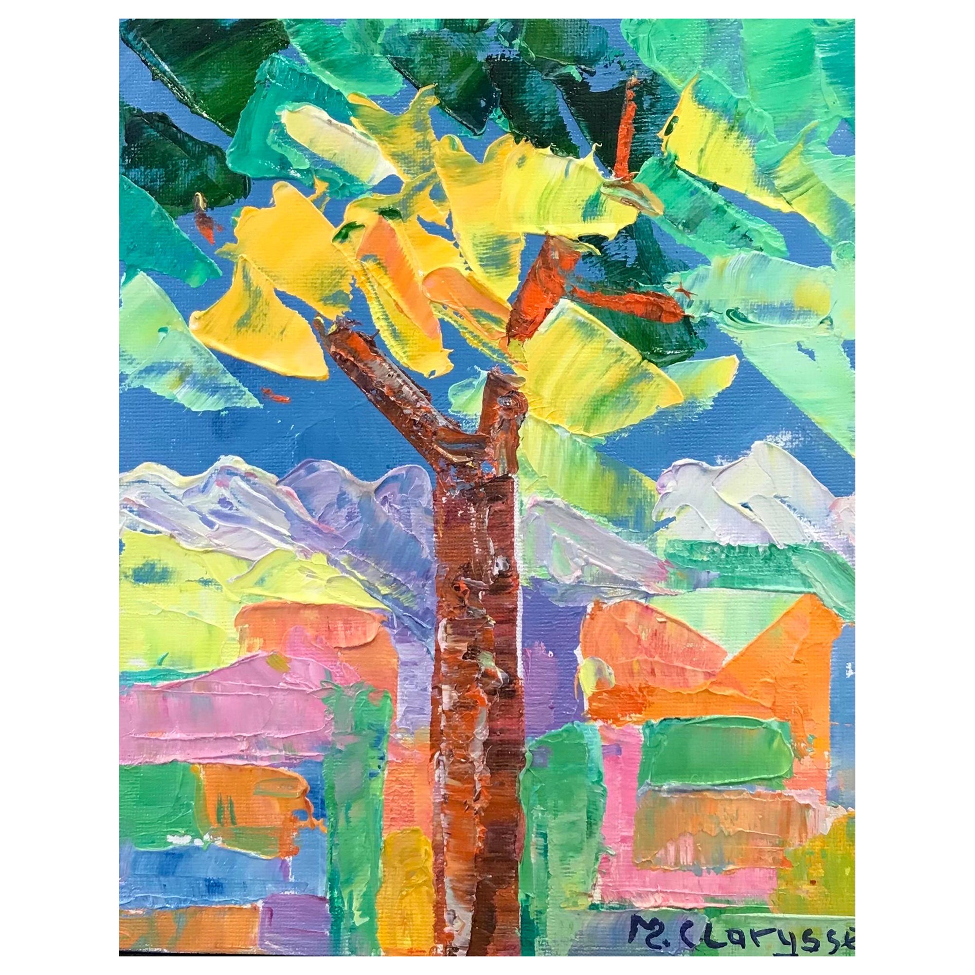Maggy Clarysse Landscape Painting - Bright & Colorful French Impressionist Oil Painting Abstract Palm Tree