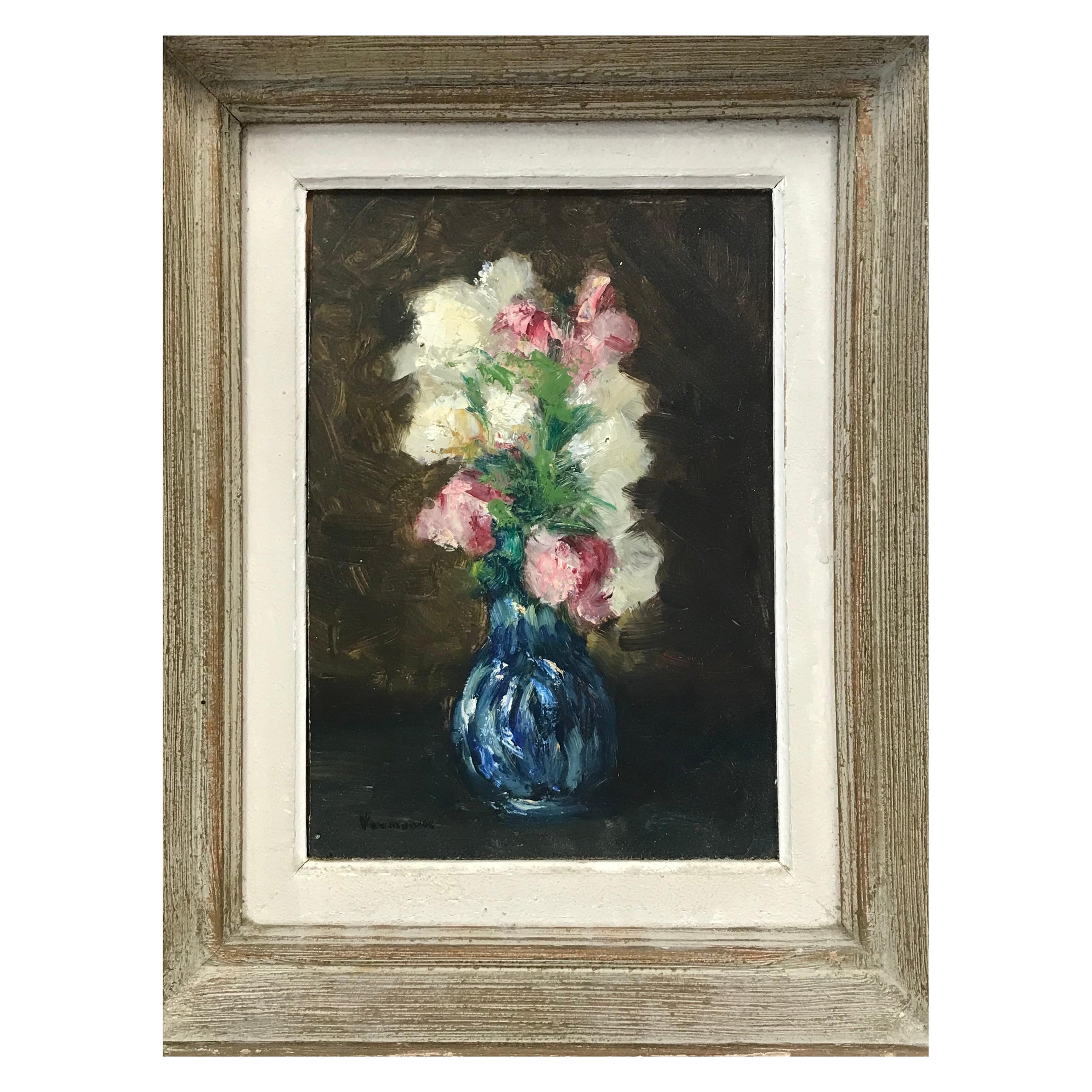 French School Still-Life Painting - Mid Century French Impressionist Signed Oil Pretty Flowers in Blue Vase