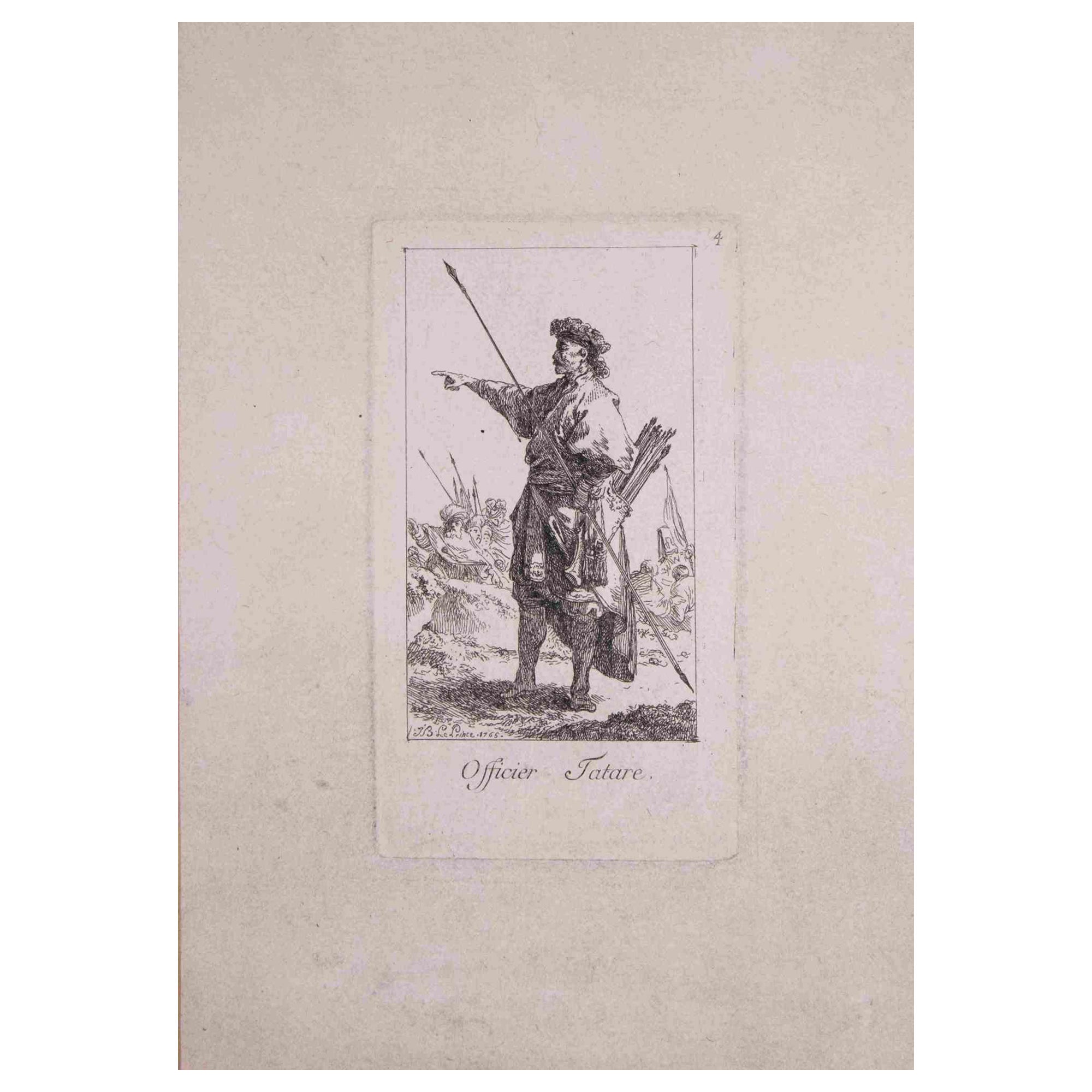 Officier Tartare ist ein Originalkunstwerk des französischen Künstlers Jean Baptiste Le Prince (1734-1781)

Radierung auf Papier. Signiert und datiert auf der Platte in der linken Ecke, betitelt auf der Platte in der Mitte. Passepartout inklusive: