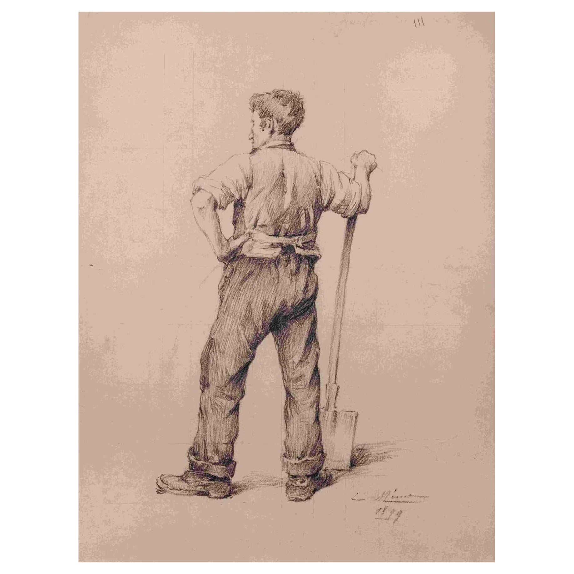 Emile-Louis Minet Figurative Art -  Man at Work - Original Drawing by Louis Emile Minet - 1899