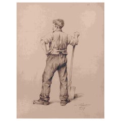  Man at Work - Original Drawing by Louis Emile Minet - 1899