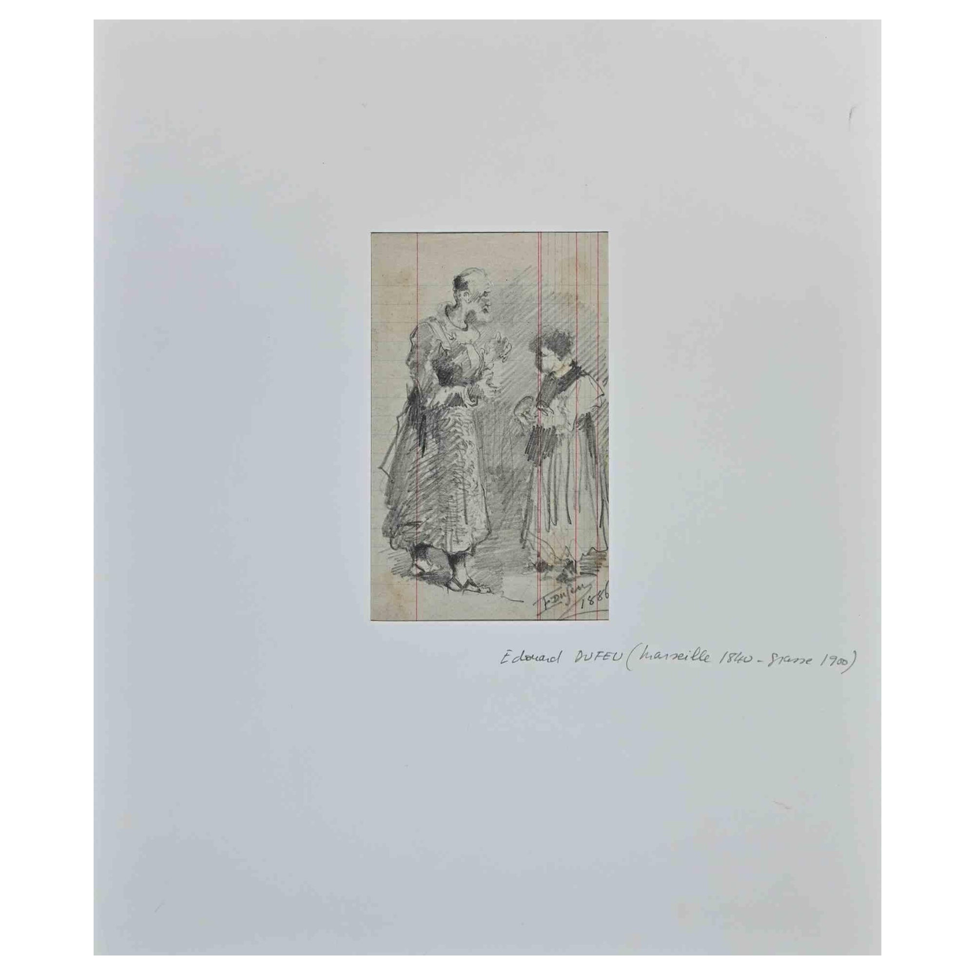 Men of Church - Drawing in Pencil By Edouard Dufeu - 1886