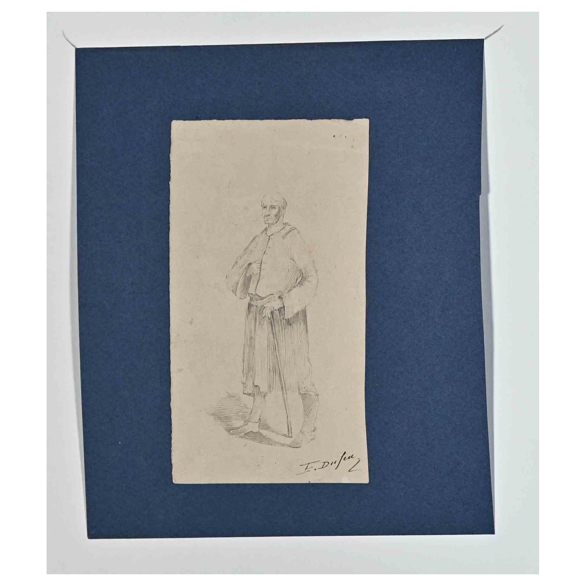 Pilgrim - Original Drawing in Pencil By Edouard Dufeu - 1880s