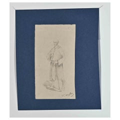 Antique Pilgrim - Original Drawing in Pencil By Edouard Dufeu - 1880s