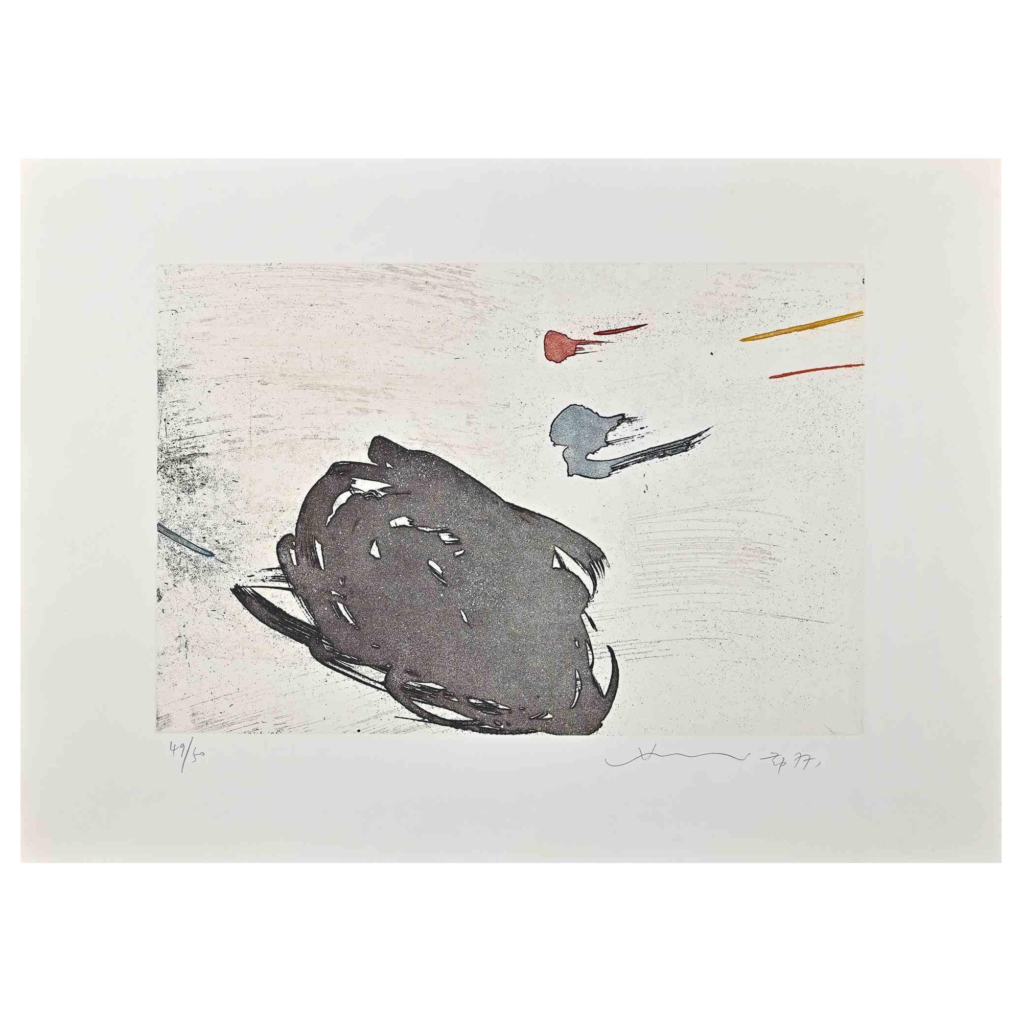 Abstract composition is an original colored etching realized by Hsiao Chin in 1977.

The artwork is hand-signed and dated in pencil on the lower right. Numbered on the lower left. 

Edition of 49/50.

Edited by La Nuova Foglio, Macerata, Italy.