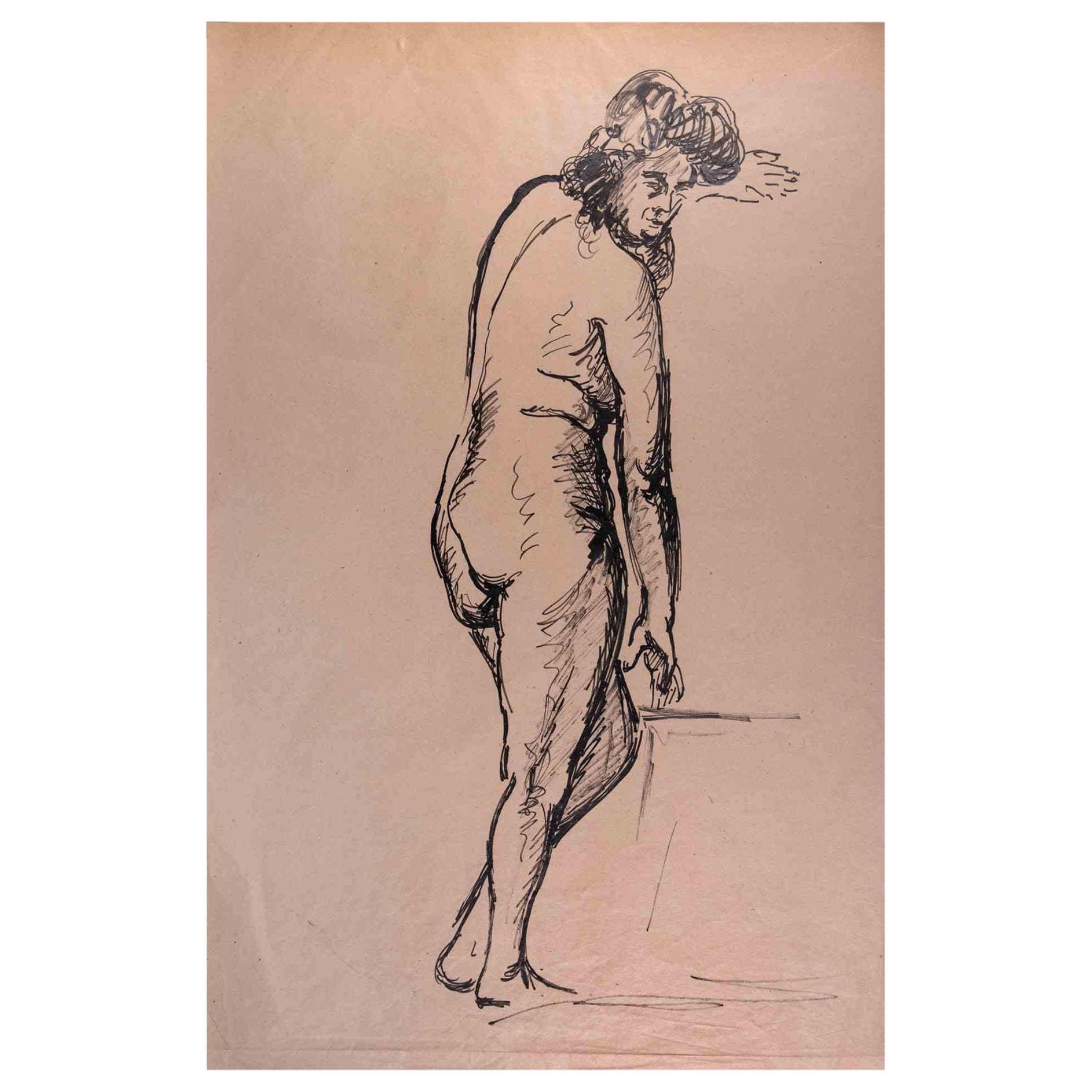 Nude Unknown - Nu - Dessin original au stylo sur papier - Milieu du XXe siècle