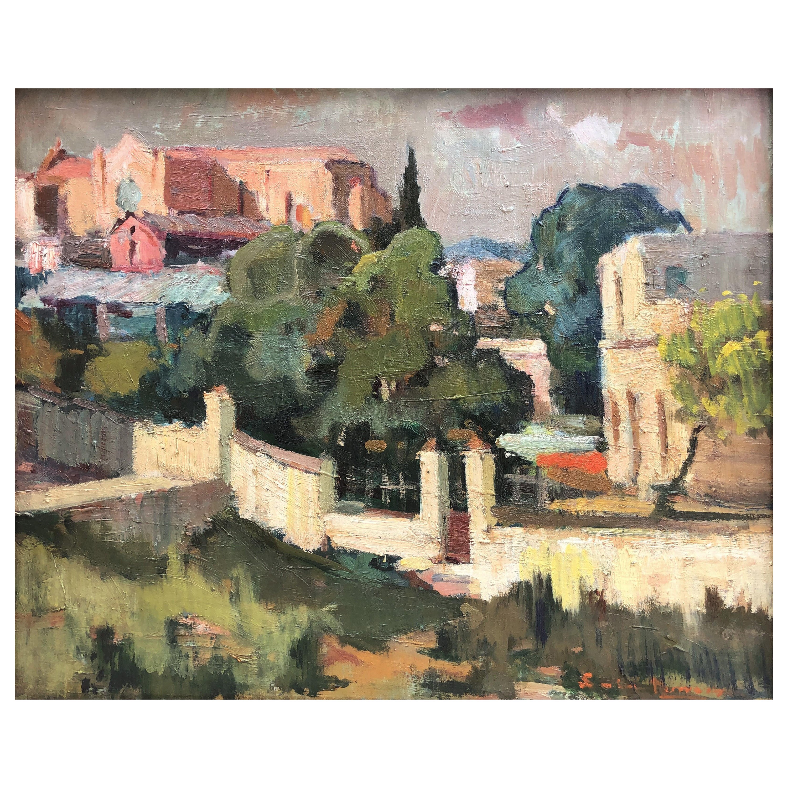 Antonio Sala Herrero Landscape Painting - Barcelona Spain oil on canvas painting landscape urbanscape