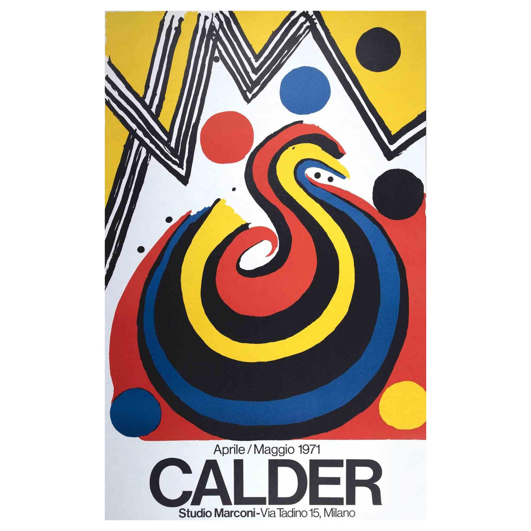 Alexander Calder - Poster Exhibition est une rare impression offset et lithographie en couleurs mixtes réalisée en 1971

Cette estampe a été réalisée à l'occasion de l'exposition consacrée à l'artiste et tenue à la galerie Studio Marconi de Milan en