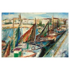 Beautiful Post-Impressionist Oil Boats in Palamos Harbour, Costa Brava, Large