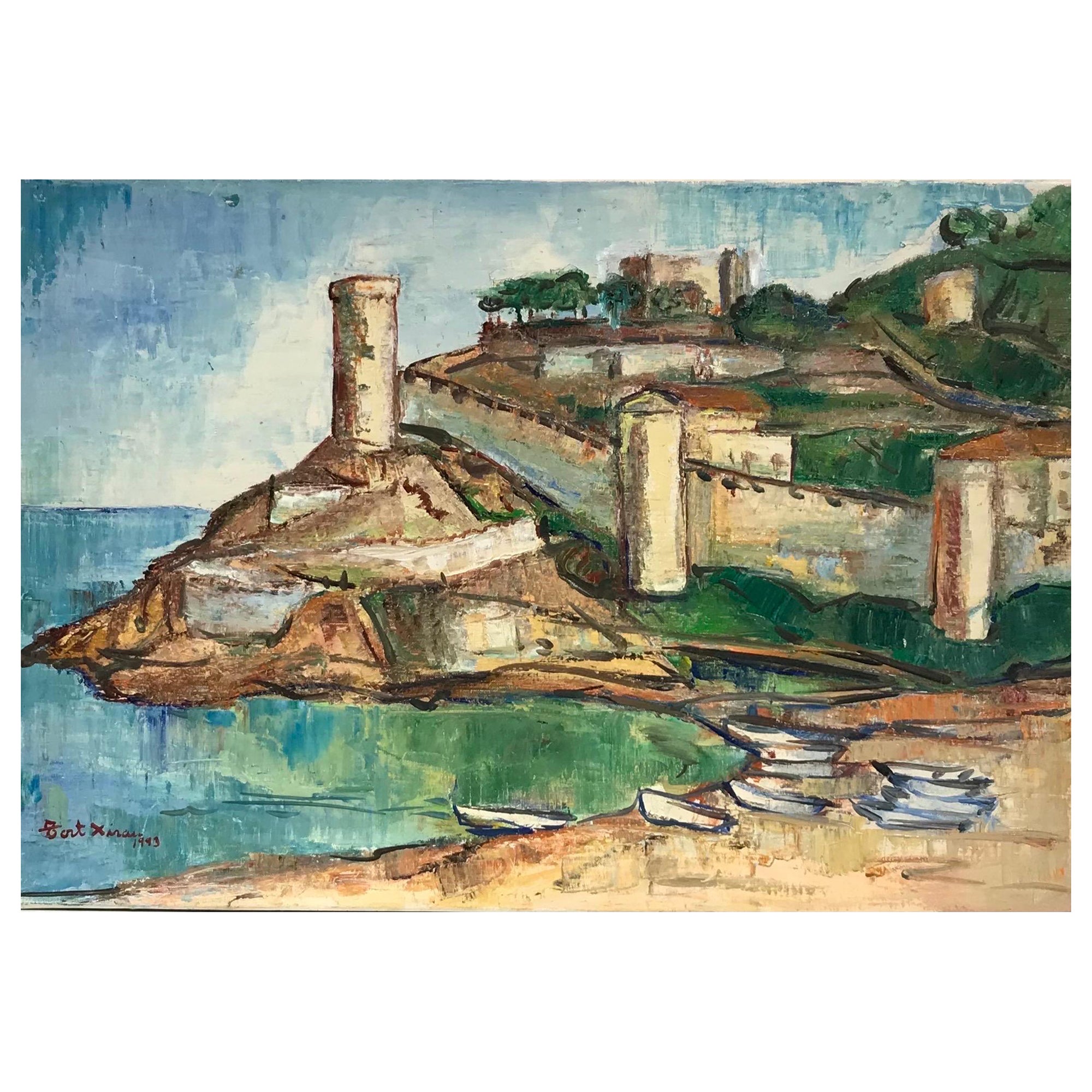 Maria Tort Xirau Landscape Painting - Old Fortress Port Beach Scene on the Med Signed Original Oil Painting