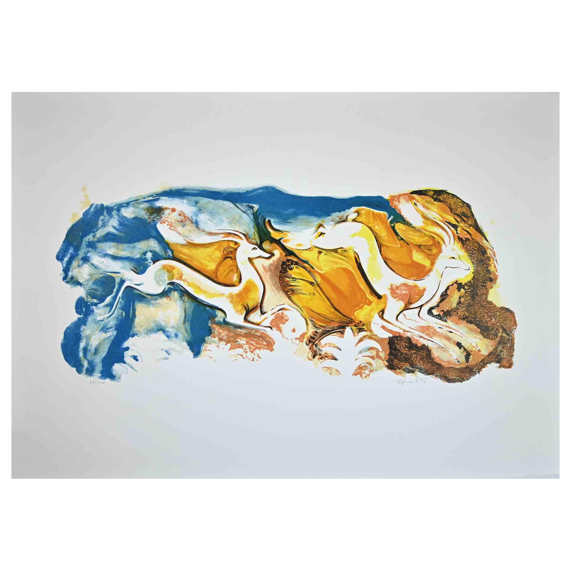Deers is an original Lithograph realized by Orfeo Vitali in 1970.

Hand-signed.

Numbered. Edition, 23/100.

The artwork is depicted in harmonious colors in a well-balanced composition.