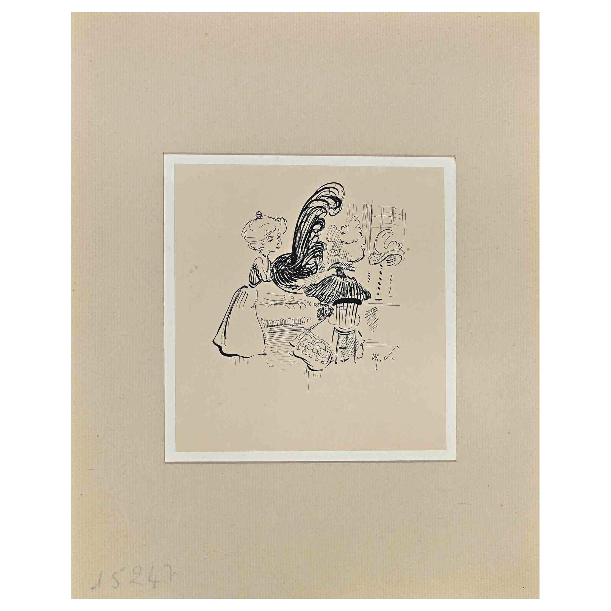 Henry Somm Figurative Art - Seller of Hats - Original Ink Drawing on Paper by H. Somm - Late 19th Century