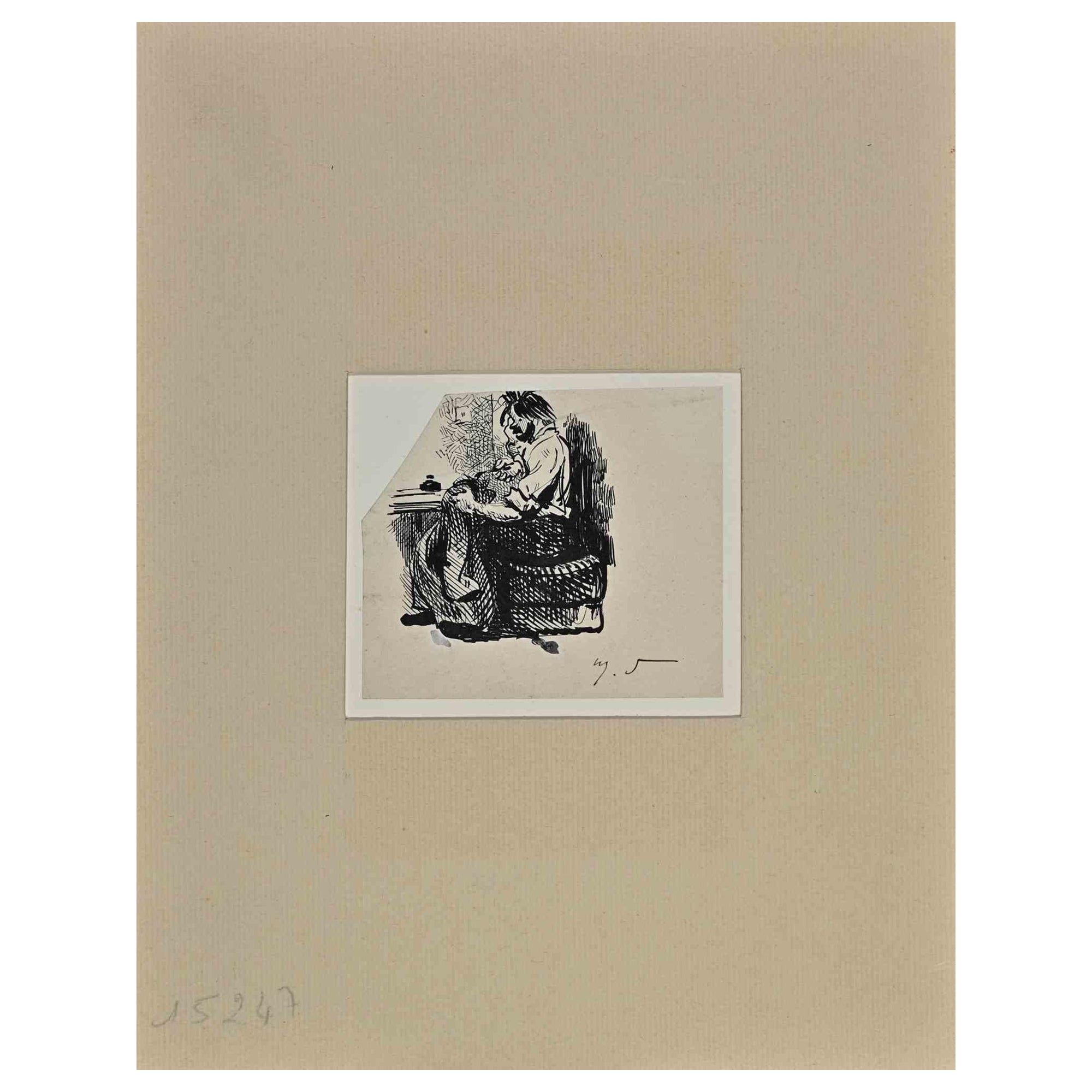 Man Working - Original Ink Drawing on Paper by H. Somm - Late 19th Century