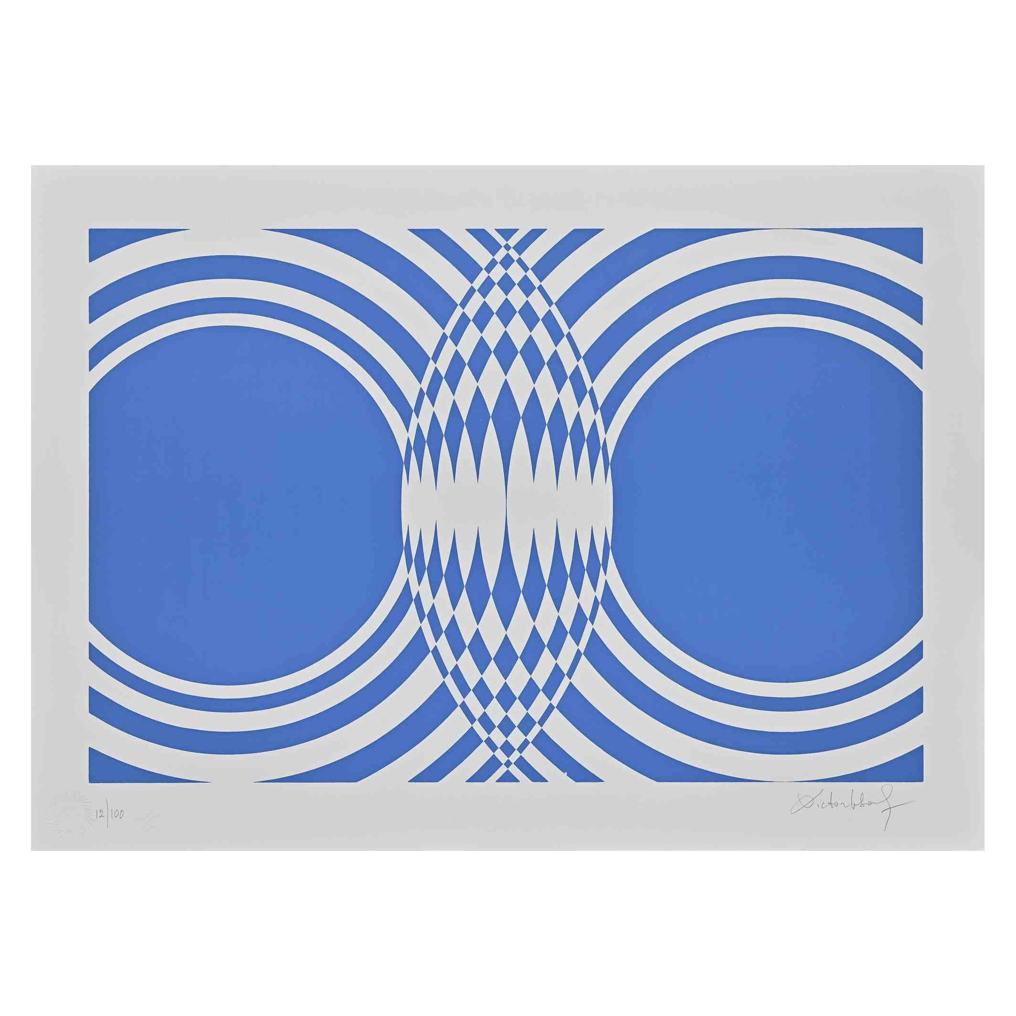 Composition bleue - Impression sérigraphiée originale de Victor Debach - 1970