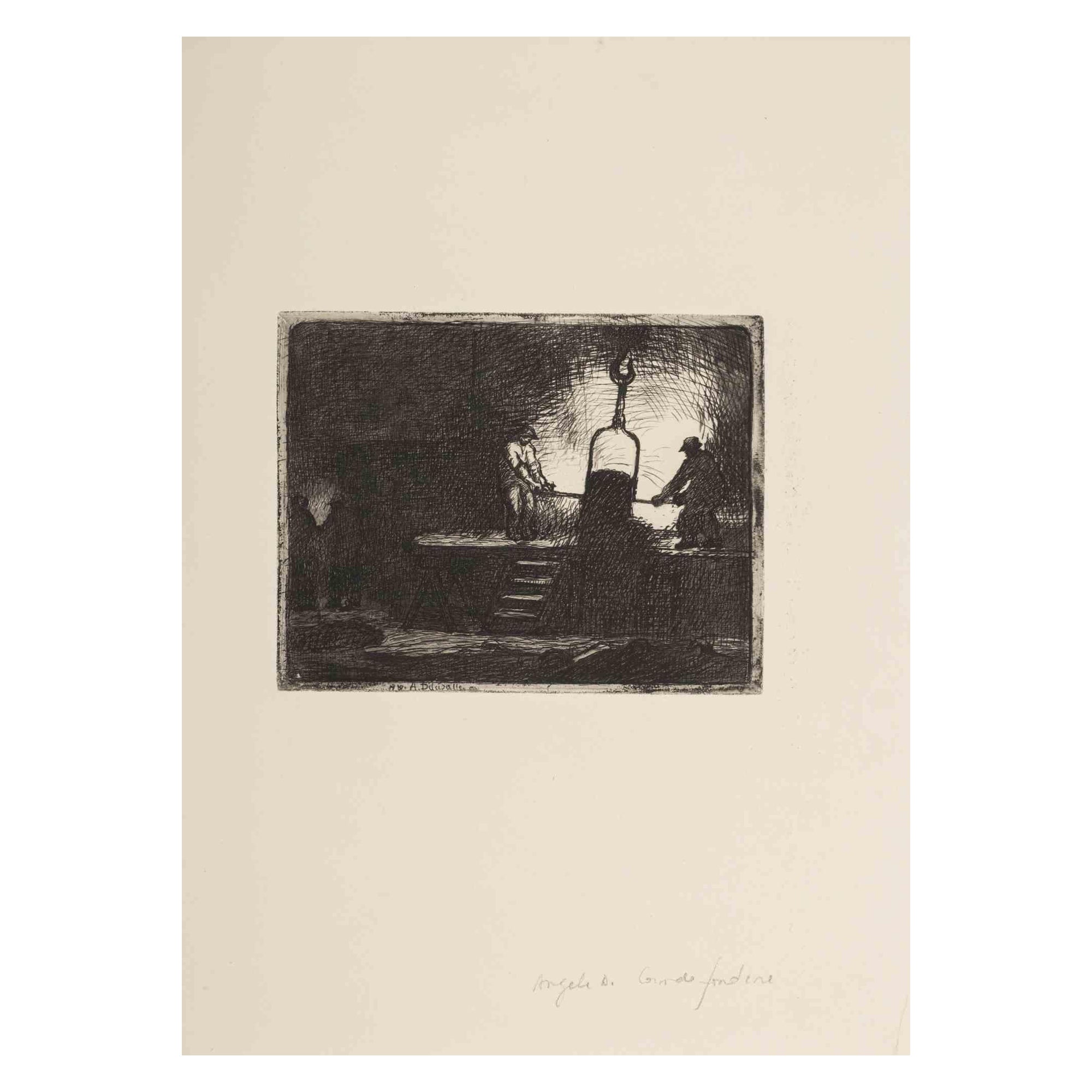 Angèle Delasalle Landscape Print - Working - Original Etching by A. Delasalle - Mid-20th Century