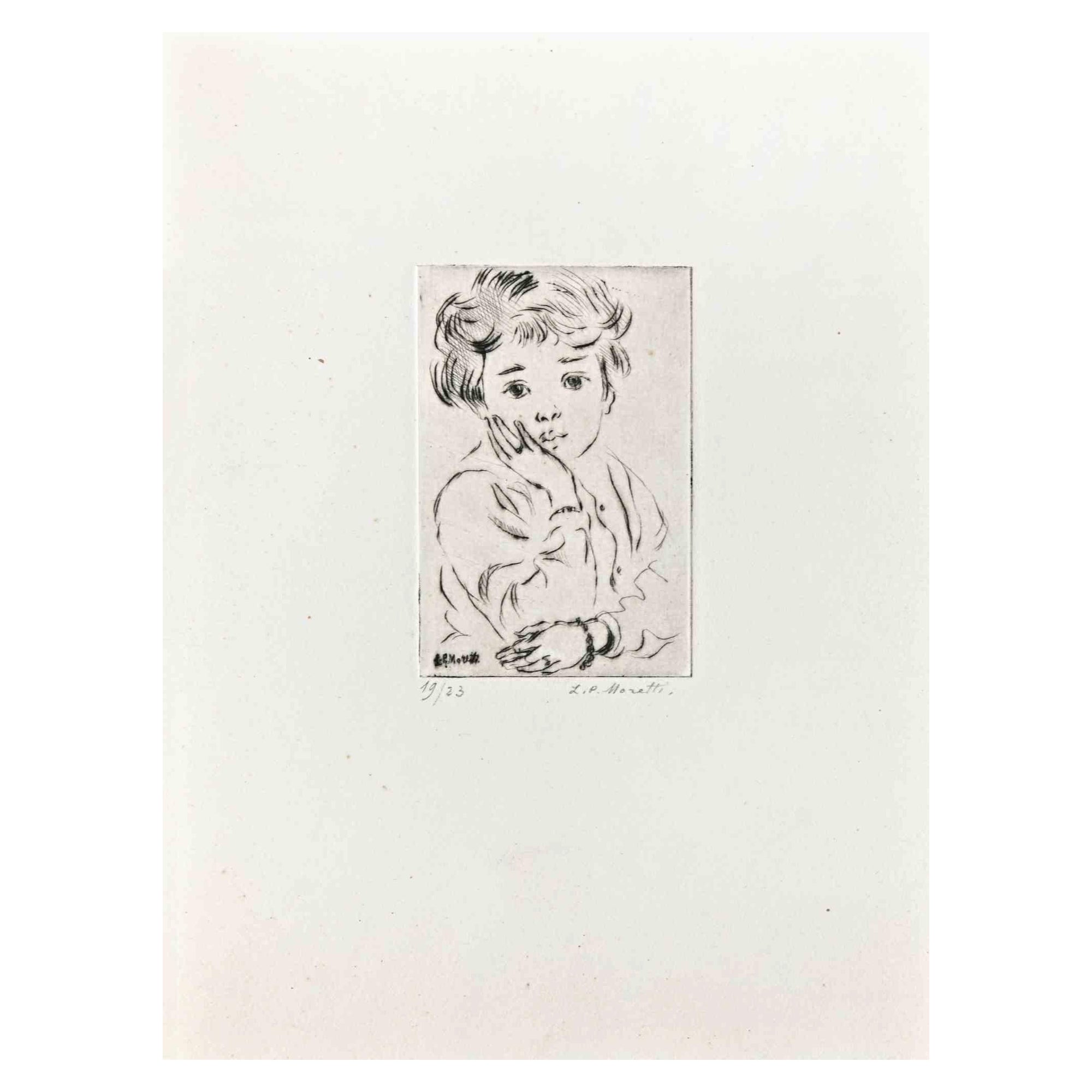 Lucien Philippe Moretti Figurative Print – Porträt eines Kindes  - Original-Radierung von L.-P. Dolcetti - Mitte des 20. Jahrhunderts