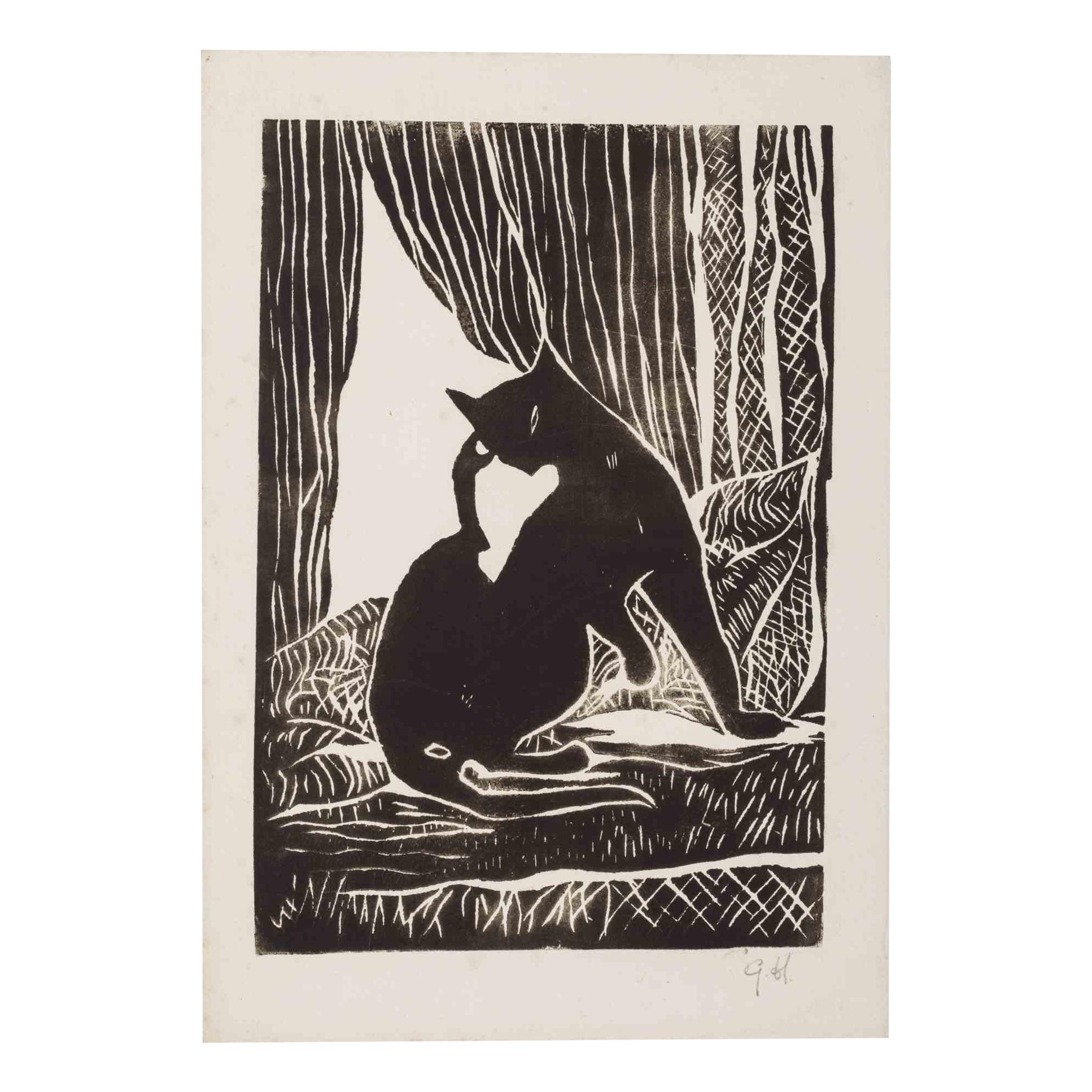 Katze -  Original-Holzschnitt von Giselle Halff – Mitte des 20. Jahrhunderts