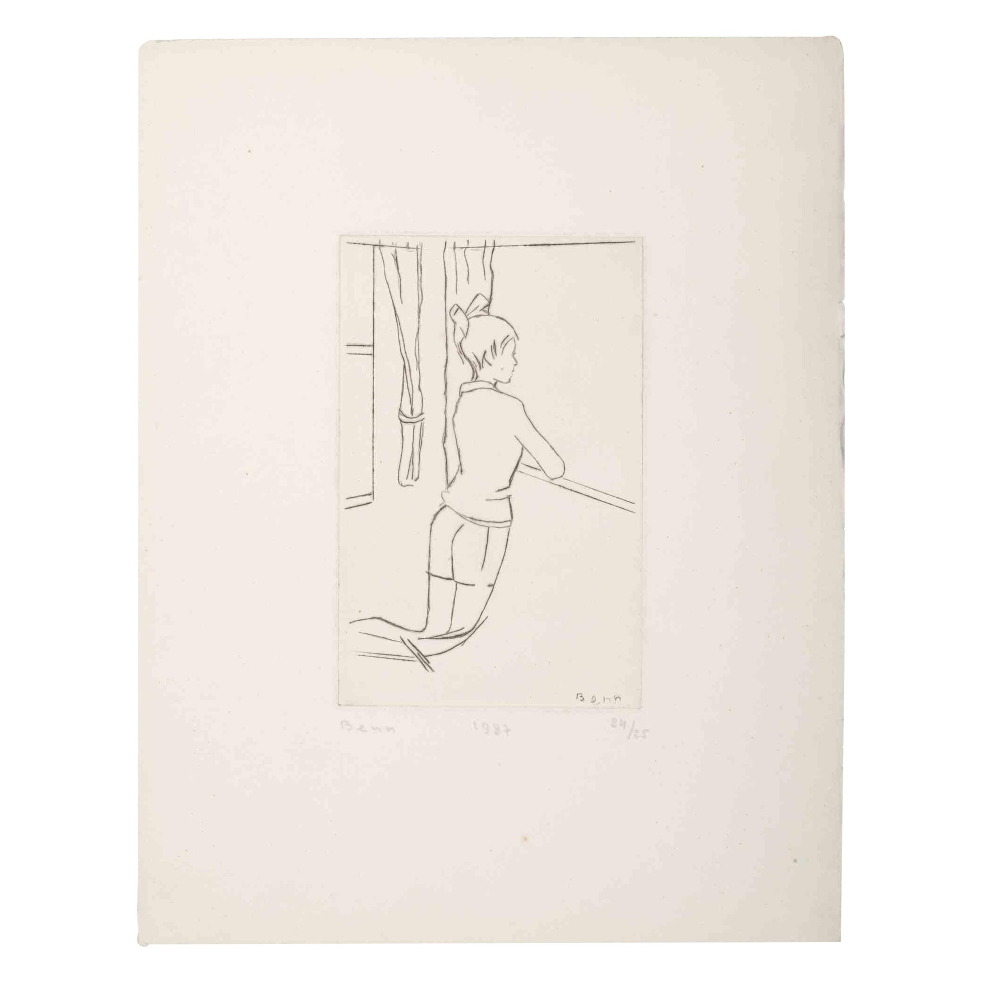 Figurative Print Bencjon Rabinowicz - Girl at the Window (Fille à la fenêtre) - Gravure originale de Benn - 1987