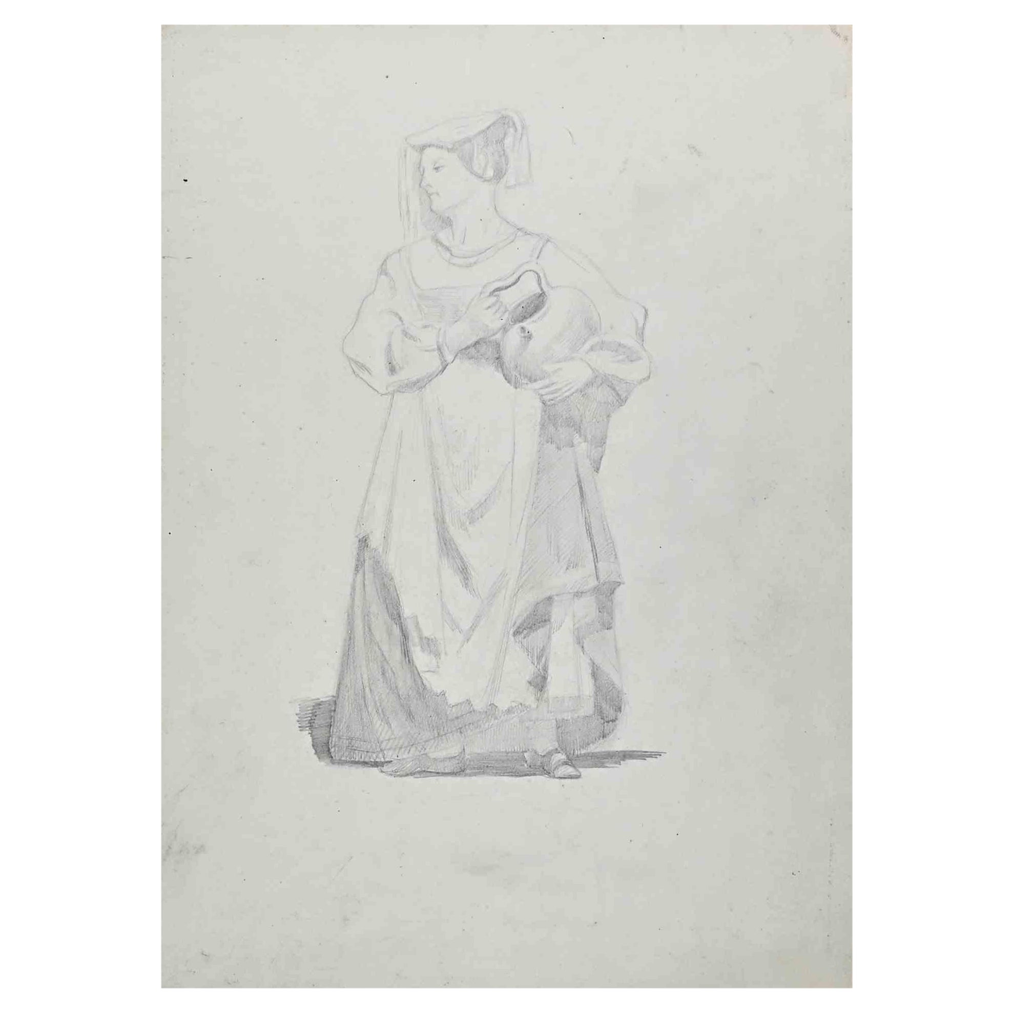 Adolphe Etienne Viollet-Le-Duc Figurative Art - Woman - Original Drawing on Paper by A..E Viollet-Le-Duc  - Mid 19th Century