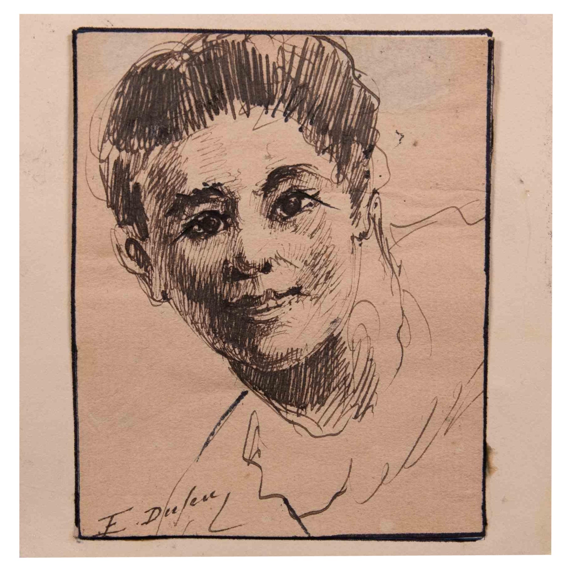 Portrait of Young Boy - Original Drawing in Pen By Edouard Dufeu - 1880s
