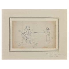  Musician - Original Drawing on Paper by Charles Jacque - Mid 19th Century