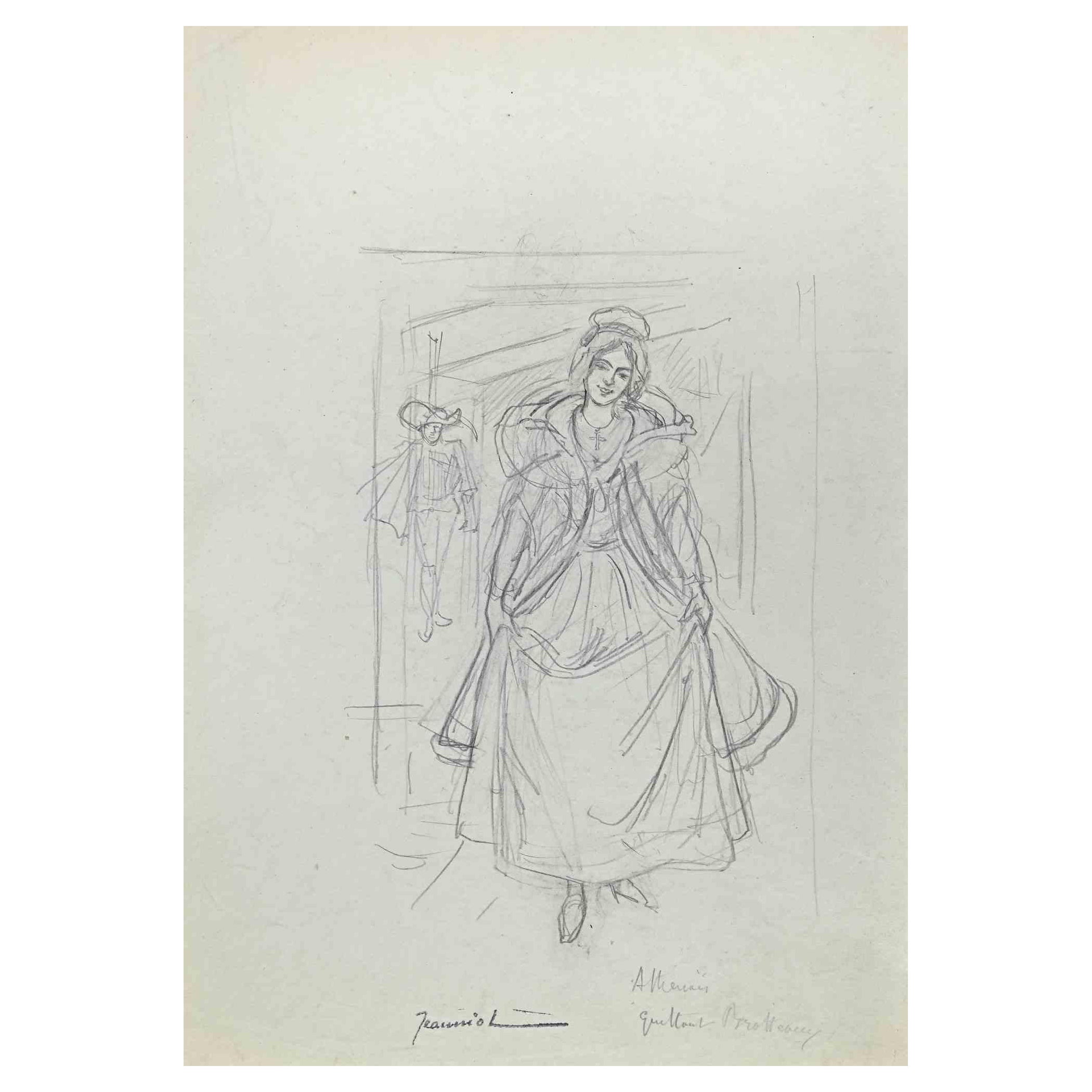 Elegant Lady  - Original Drawing By Pierre Georges Jeanniot - 1890s
