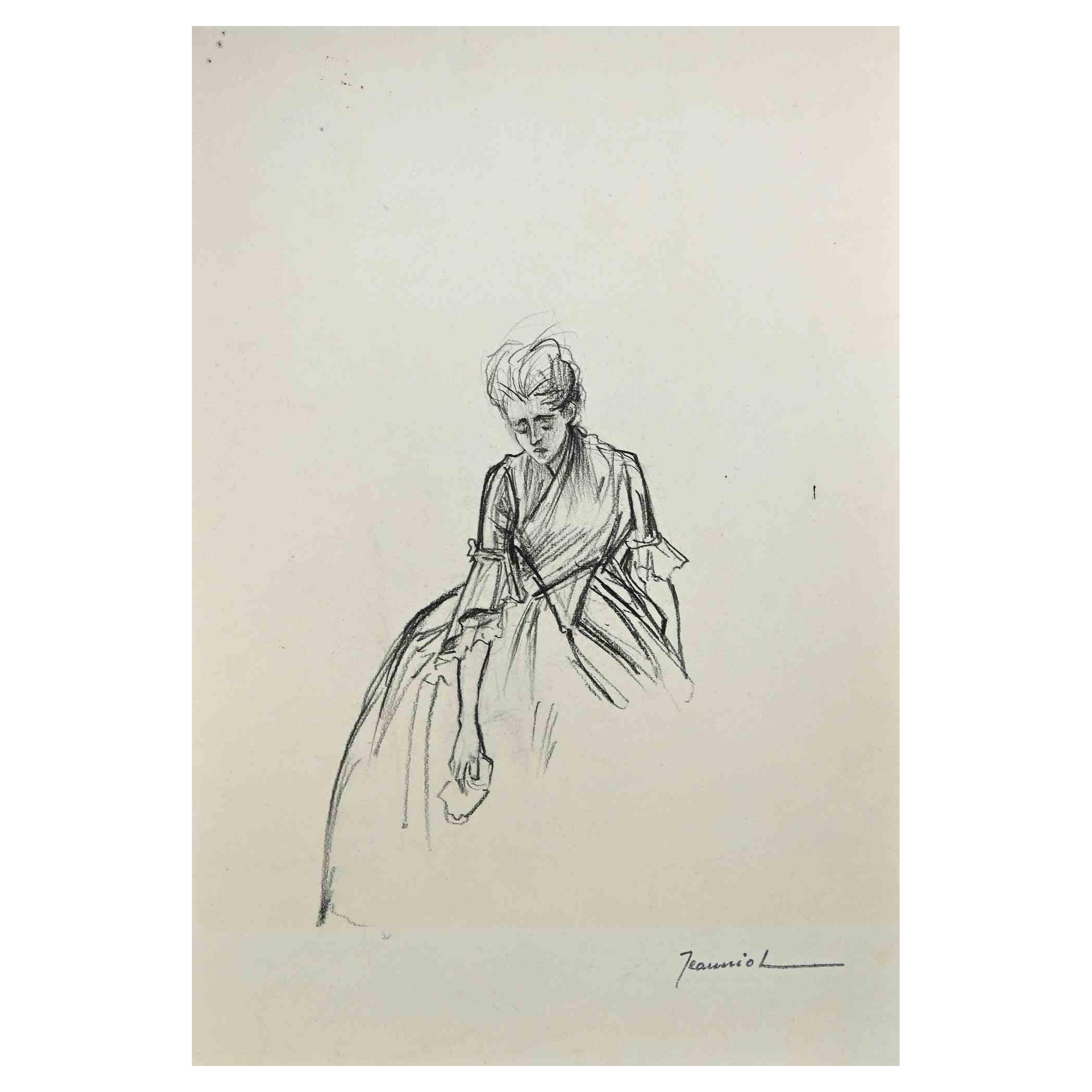 Sorrowful Lady  - Original Drawing By Pierre Georges Jeanniot - 1890s