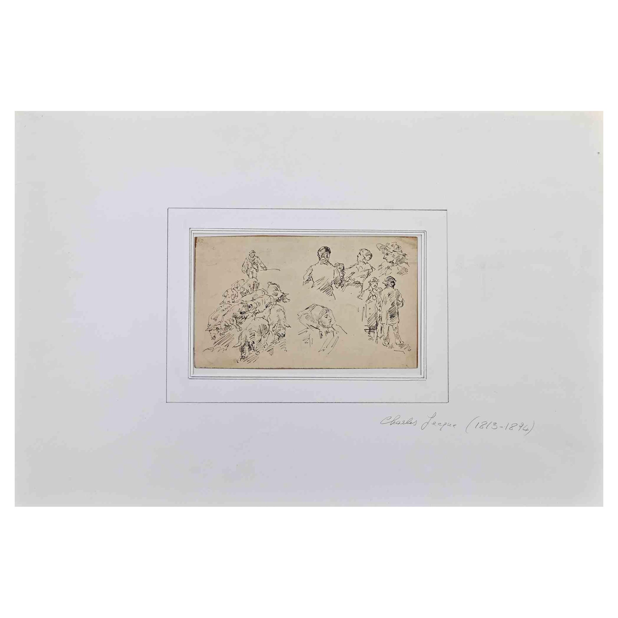  Figures - dessin original sur papier de Charles Jacque - milieu du 19e siècle