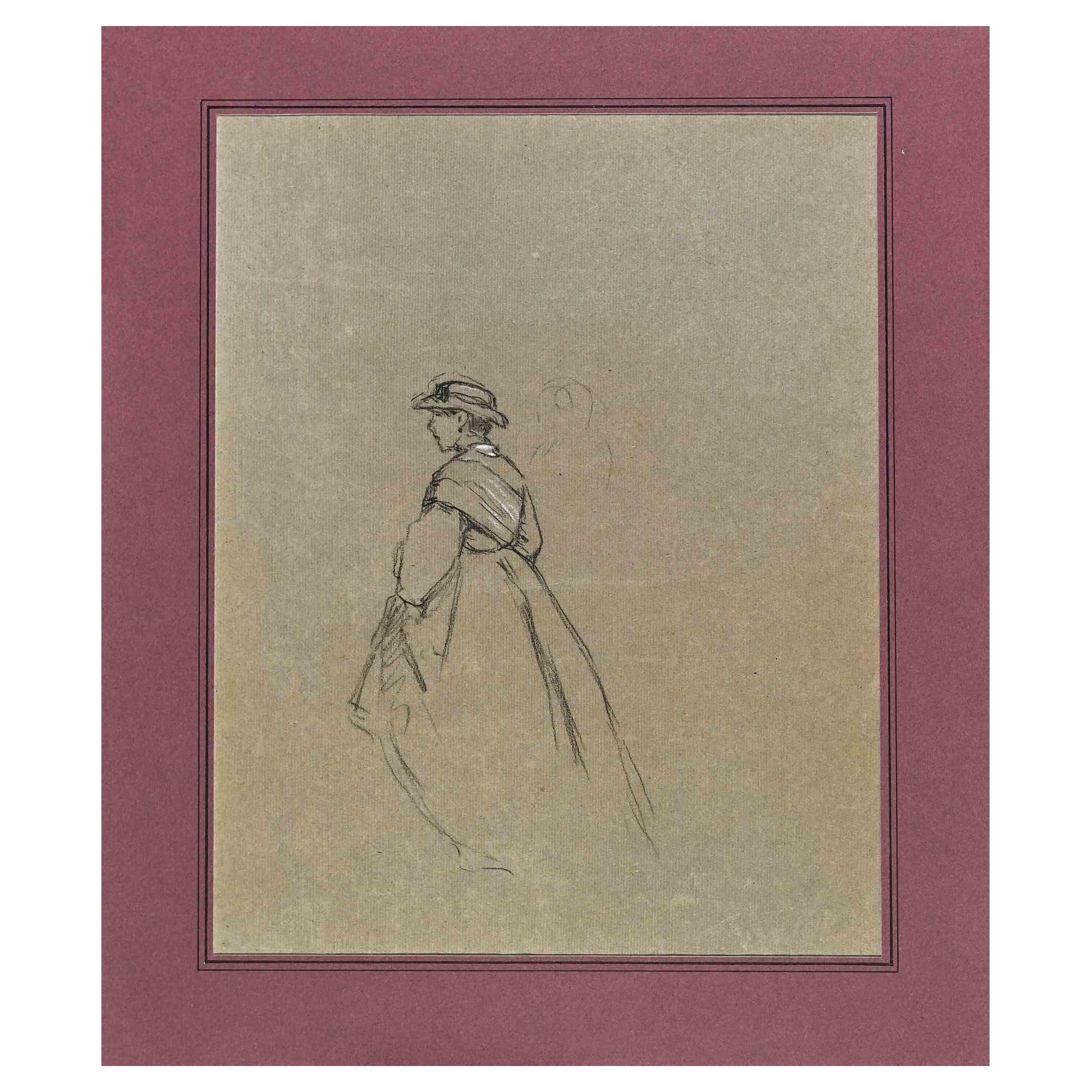  Figures - Original Drawing on Paper by Ferdinand Chaigneau - Mid 19th Century