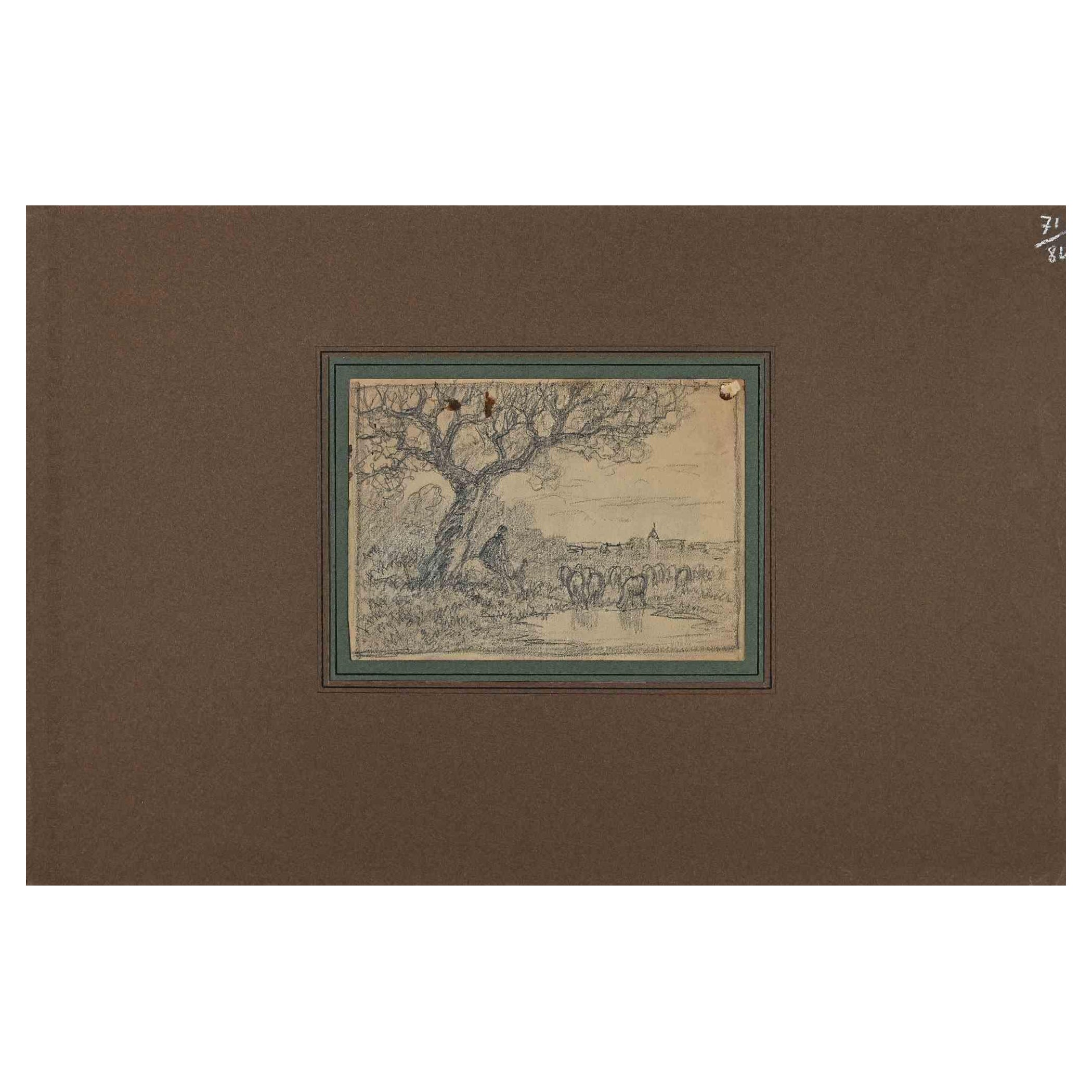 Jean Ferdinand CHAIGNEAU Figurative Art –  Landschaft – Originalzeichnung auf Papier von Ferdinand Chaigneau – Mitte des 19. Jahrhunderts