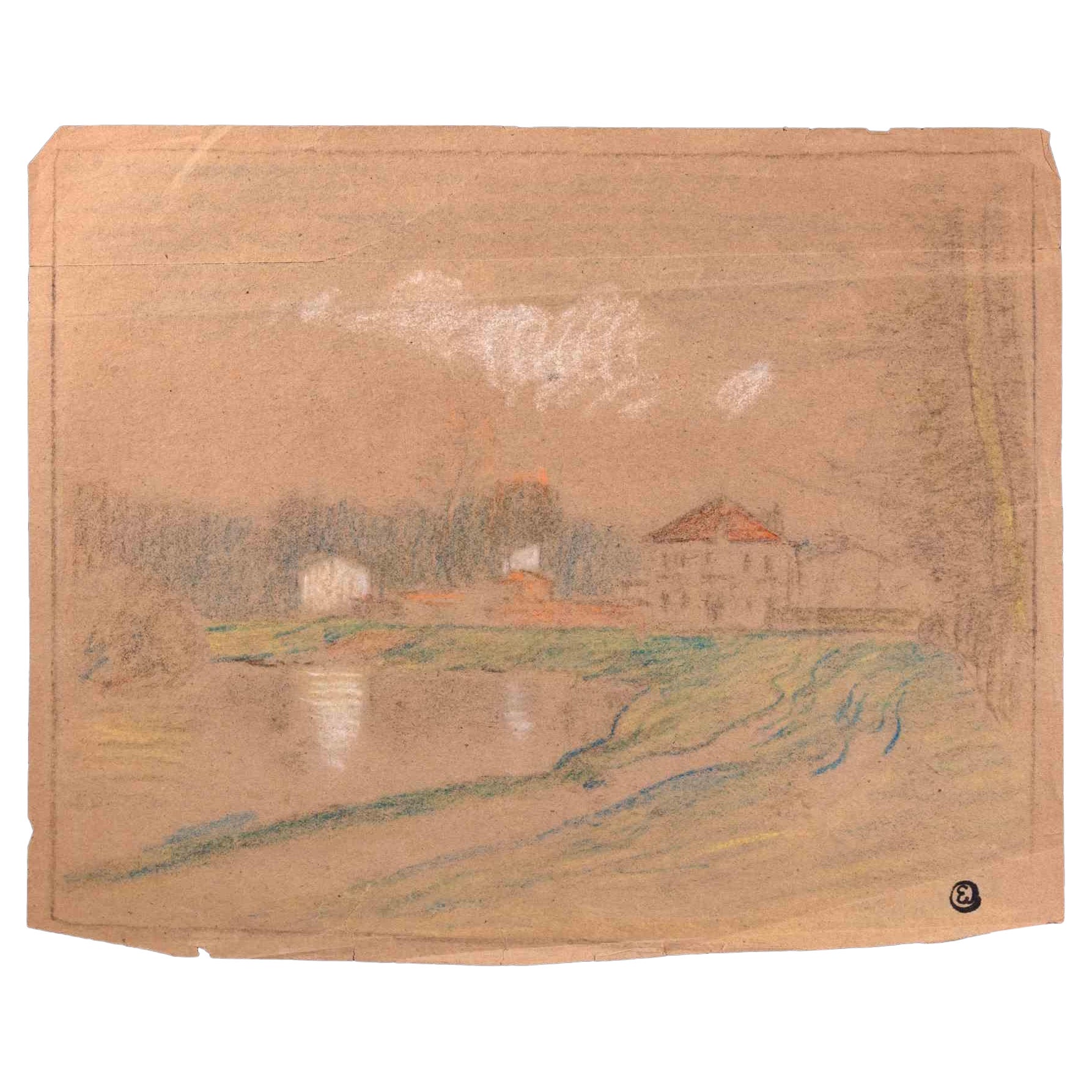 Paysage - dessin original d'Edmond Cuisinier - début du XXe siècle