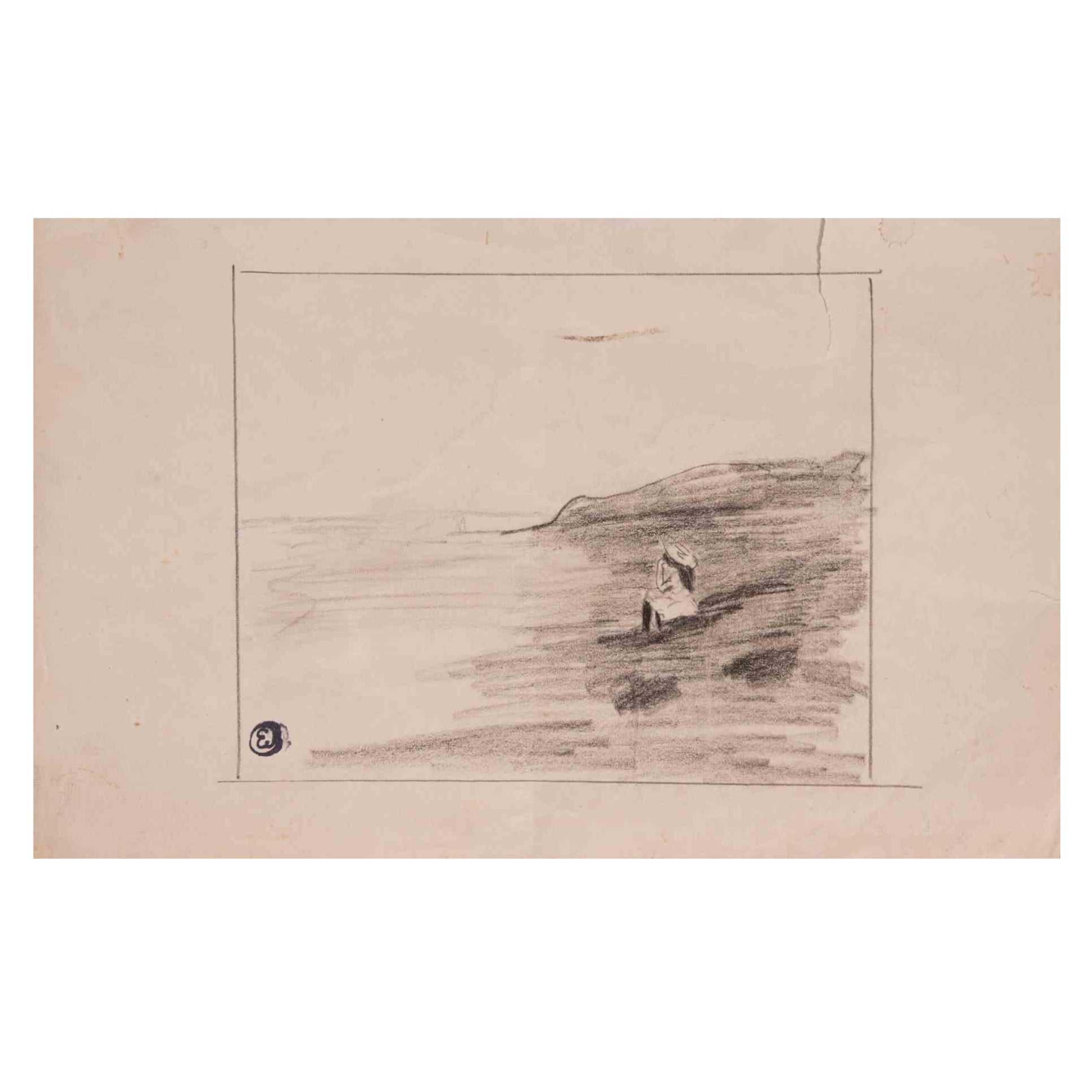 The Girl by Shore - Original Drawing by Edmond Cuisinier - Early 20th Century